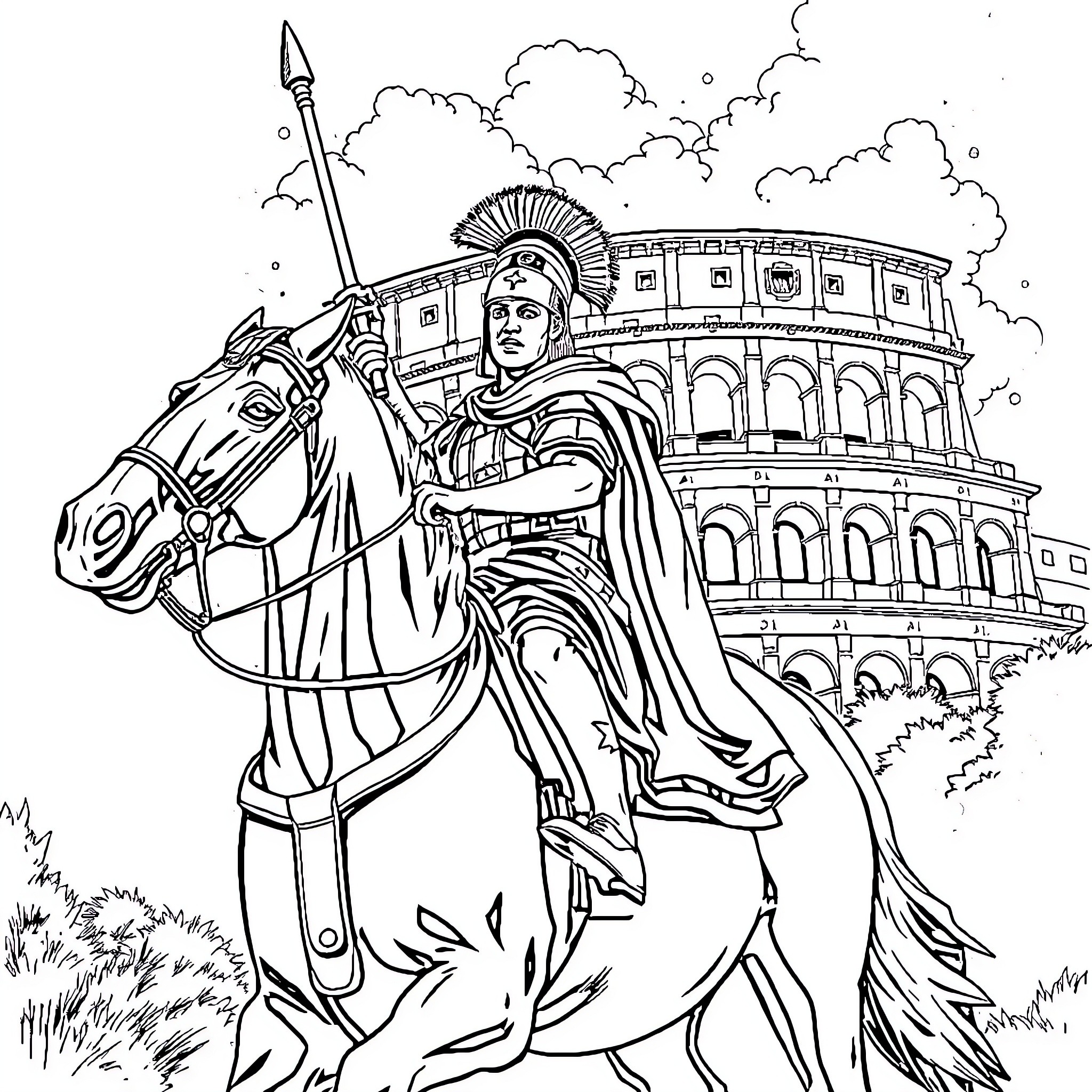 Legionario Riding Horse near Iconic Roman Colosseum Coloring Page (free black-and-white line drawing printable PDF for all, from beginners to advanced learners, including children, teens, adults, and seniors)
