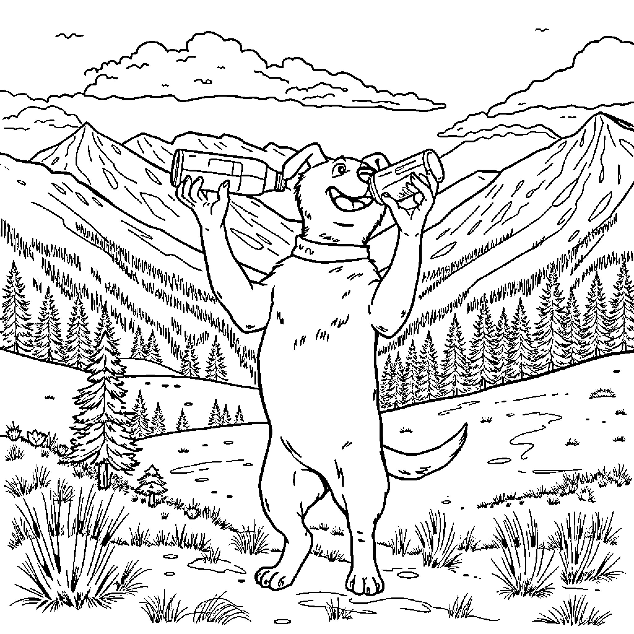 Dog exploring the beautiful mountain landscape Coloring Page (free black-and-white line drawing printable PDF for all, from beginners to advanced learners, including children, teens, adults, and seniors)
