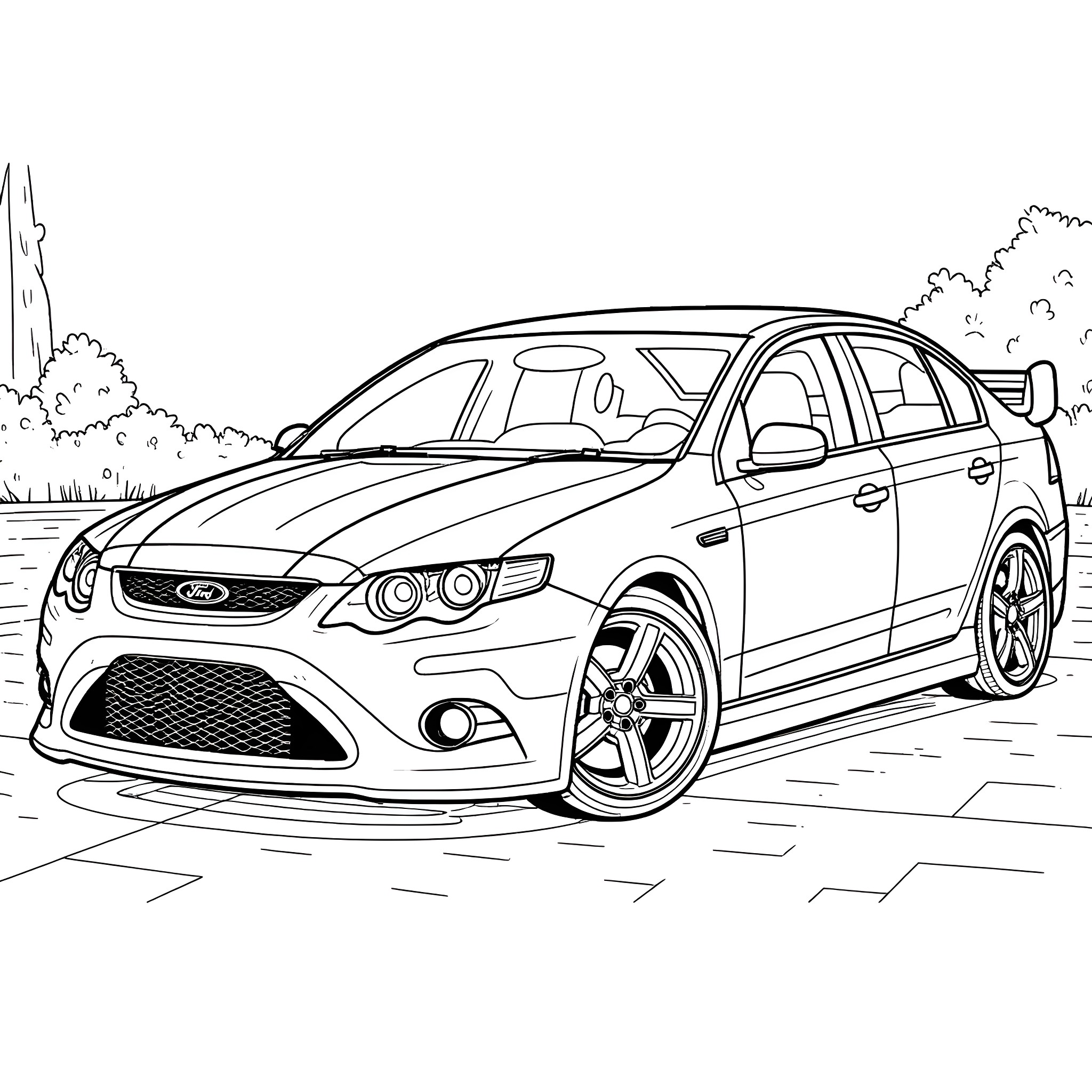 Ford Falcon racing through the countryside Coloring Page (free black-and-white line drawing printable PDF for all, from beginners to advanced learners, including children, teens, adults, and seniors)