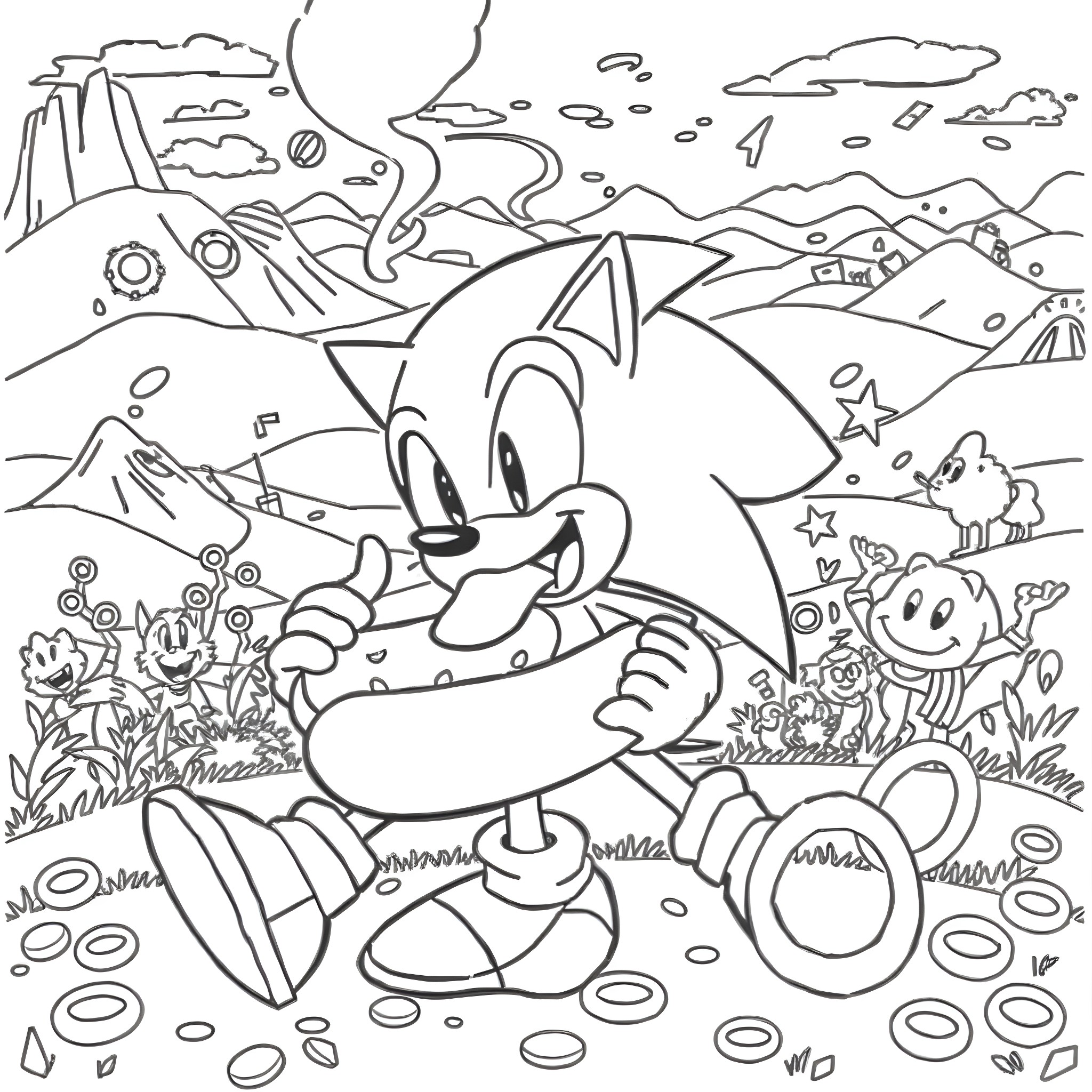 Sonic's Adventurous Journey in the Vibrant Landscape Coloring Page (free black-and-white line drawing printable PDF for all, from beginners to advanced learners, including children, teens, adults, and seniors)