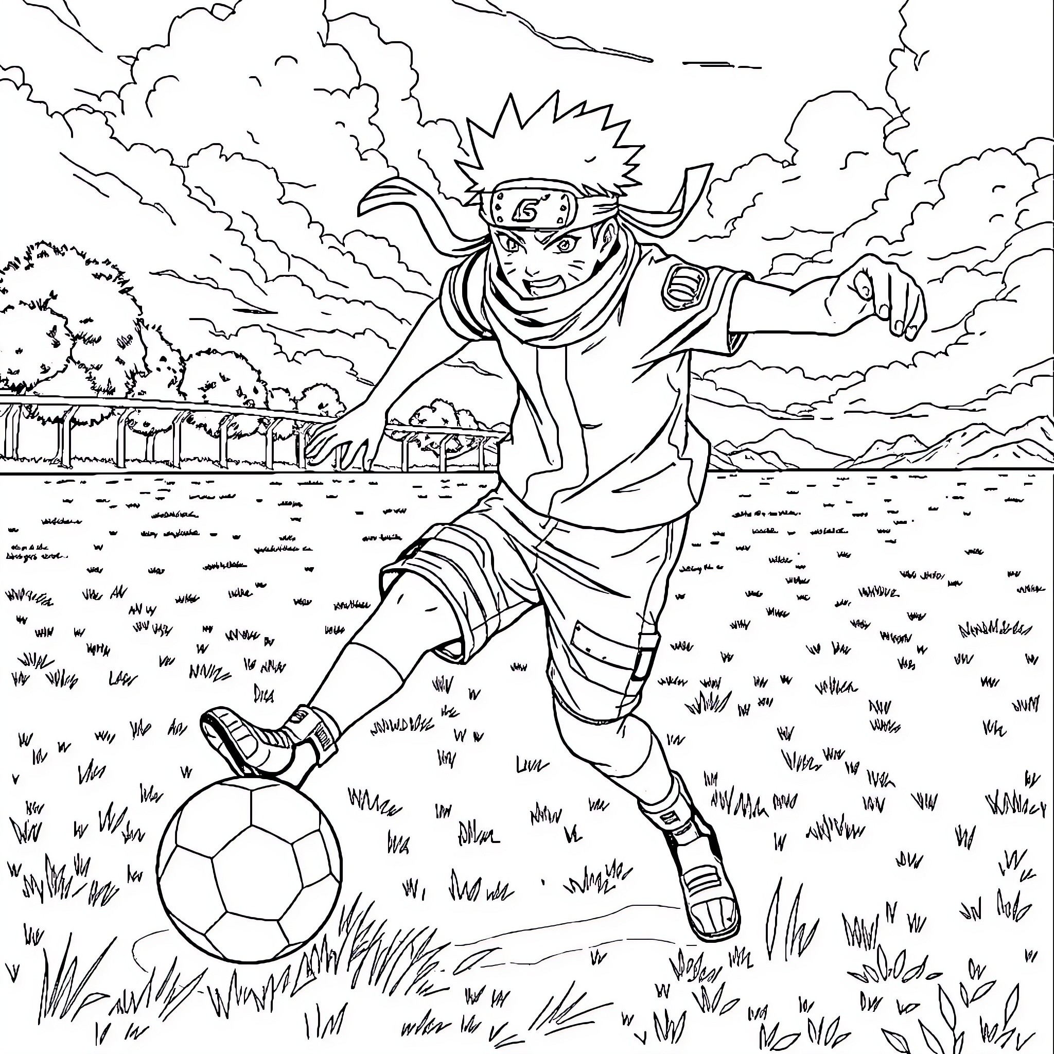 Naruto playing soccer in the field Coloring Page (free black-and-white line drawing printable PDF for all, from beginners to advanced learners, including children, teens, adults, and seniors)