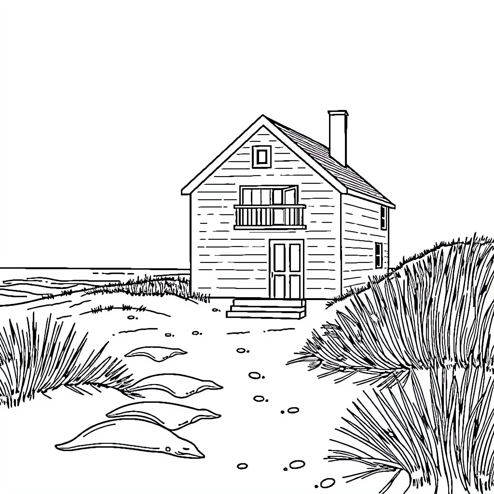 House with Porch in Wooded Landscape Coloring Page (free black-and-white line drawing printable PDF for all, from beginners to advanced learners, including children, teens, adults, and seniors)