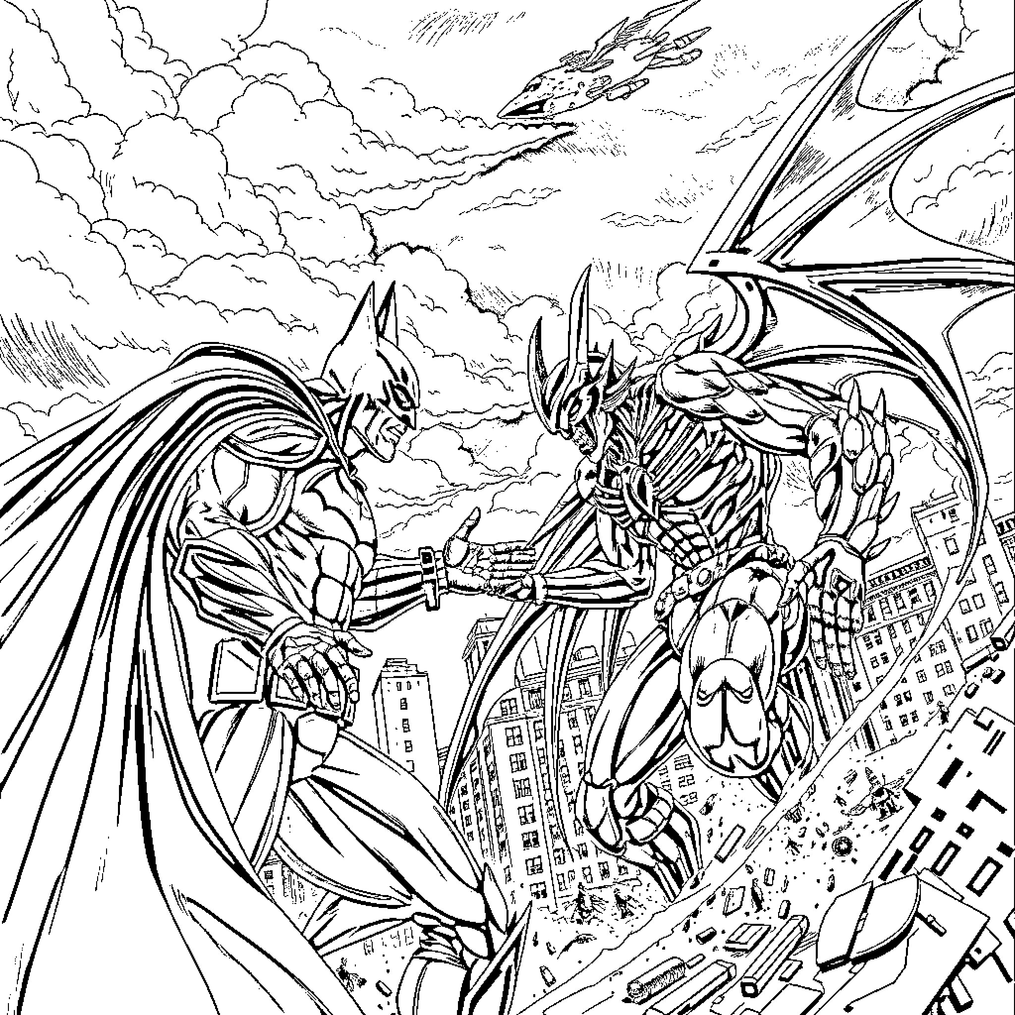 Batman battling a fearsome dragon above the city Coloring Page (free black-and-white line drawing printable PDF for all, from beginners to advanced learners, including children, teens, adults, and seniors)