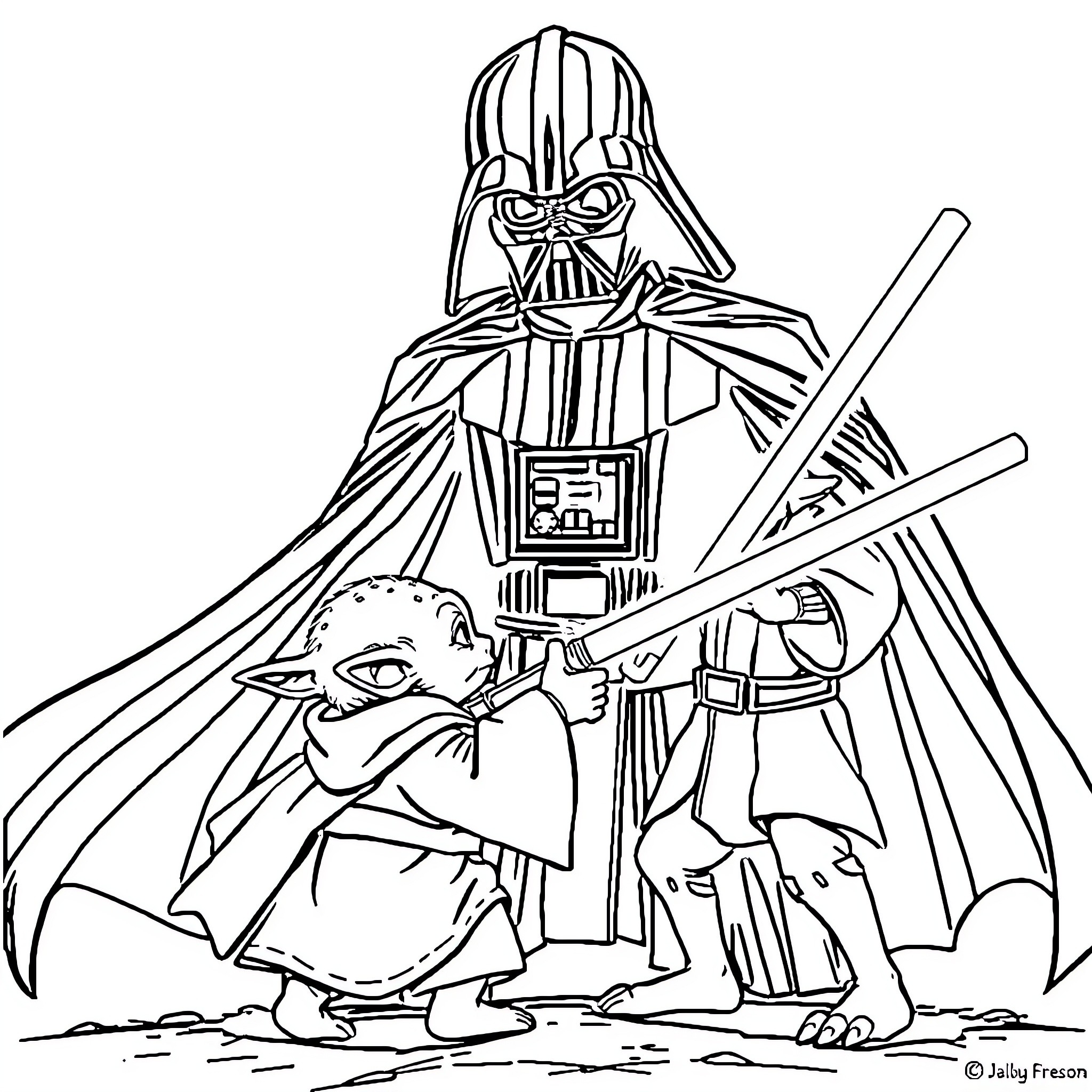 Yoda and Darth Vader in epic battle Coloring Page (free black-and-white line drawing printable PDF for all, from beginners to advanced learners, including children, teens, adults, and seniors)