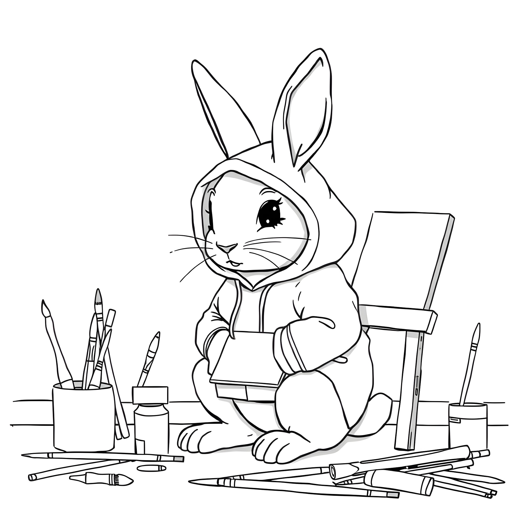 Bunny artist surrounded by art supplies Coloring Page (free black-and-white line drawing printable PDF for all, from beginners to advanced learners, including children, teens, adults, and seniors)