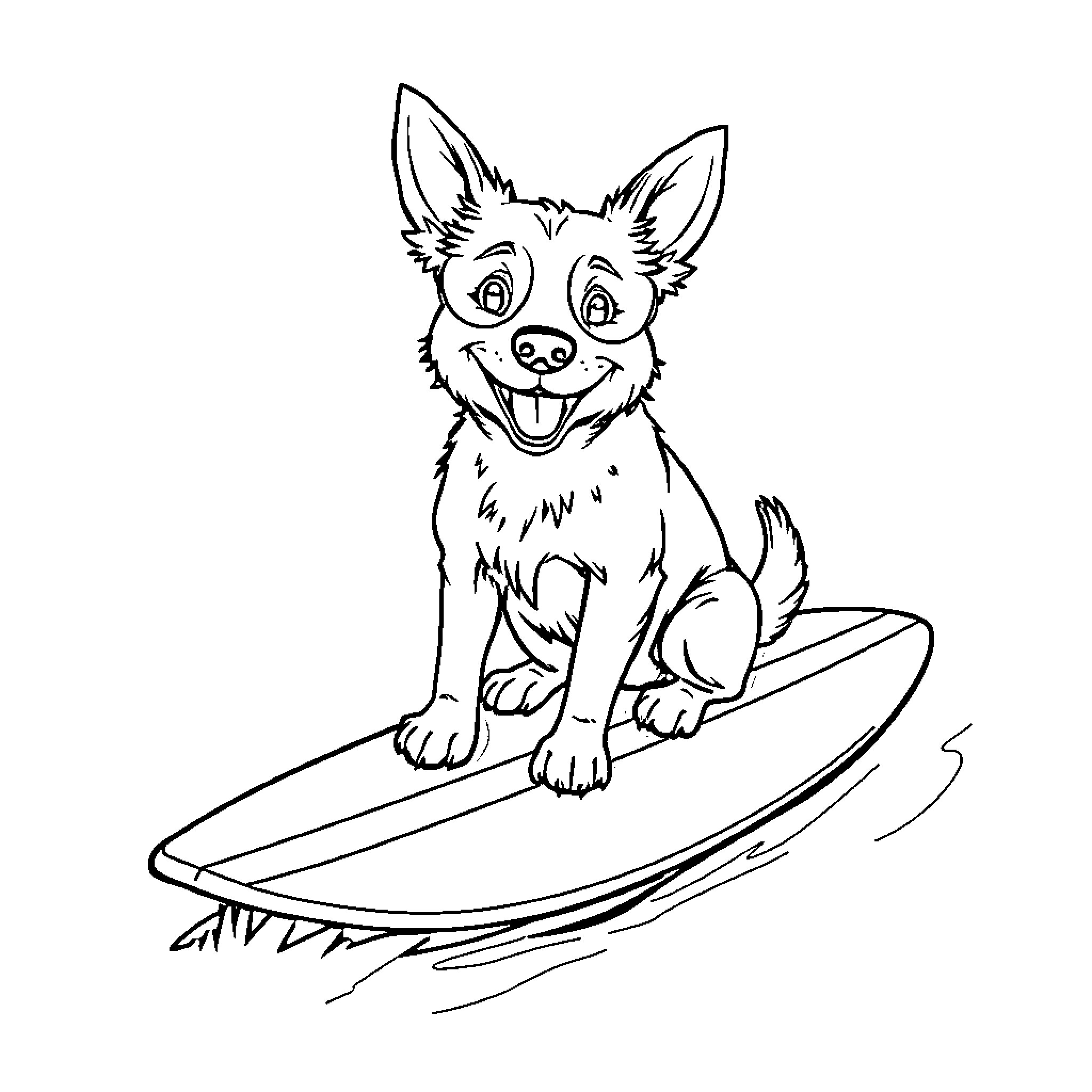 Dog surfing happily on a wave Coloring Page (free black-and-white line drawing printable PDF for all, from beginners to advanced learners, including children, teens, adults, and seniors)