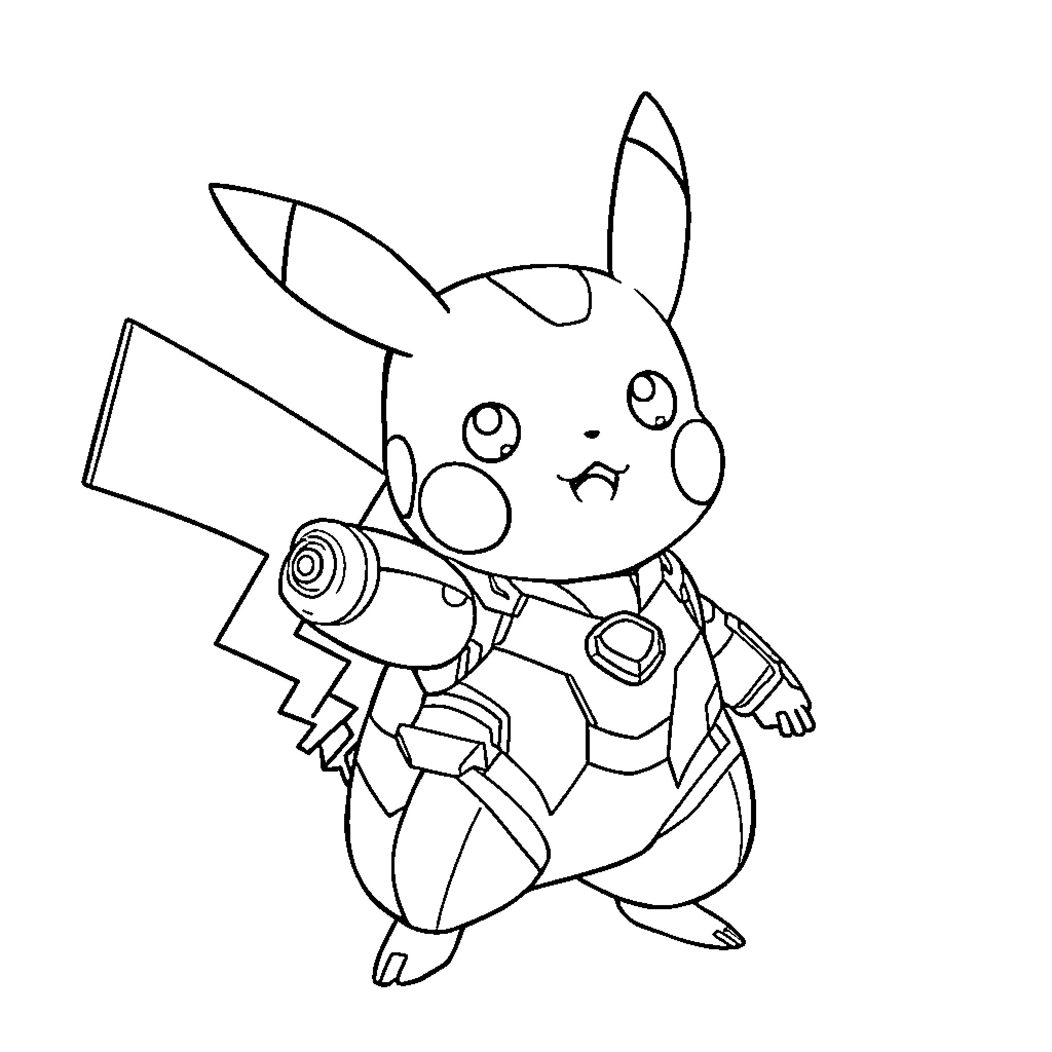 Pikachu wearing futuristic armor and holding a weapon Coloring Page (free black-and-white line drawing printable PDF for all, from beginners to advanced learners, including children, teens, adults, and seniors)