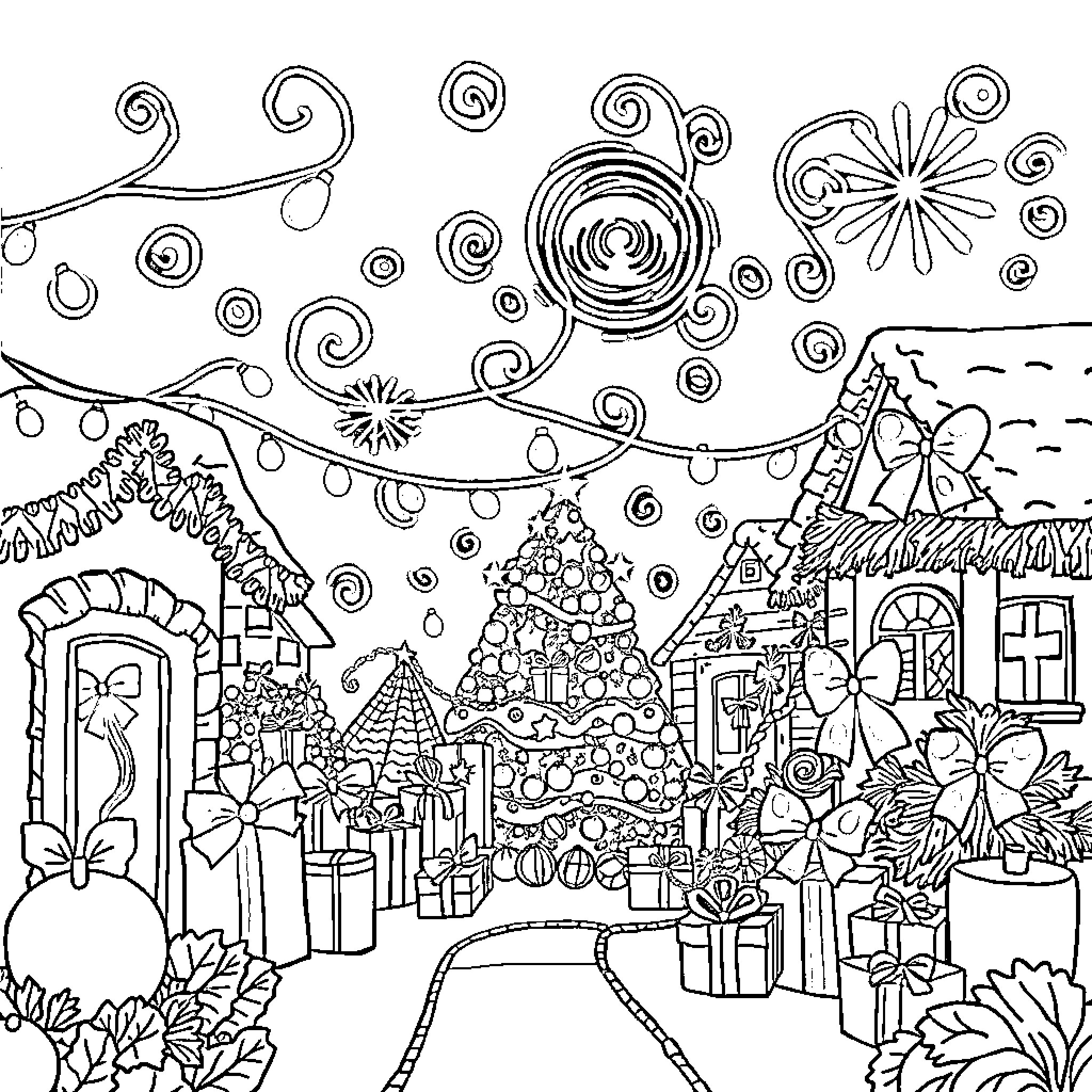 Christmas festive scene with decorations and gifts Coloring Page (free black-and-white line drawing printable PDF for all, from beginners to advanced learners, including children, teens, adults, and seniors)