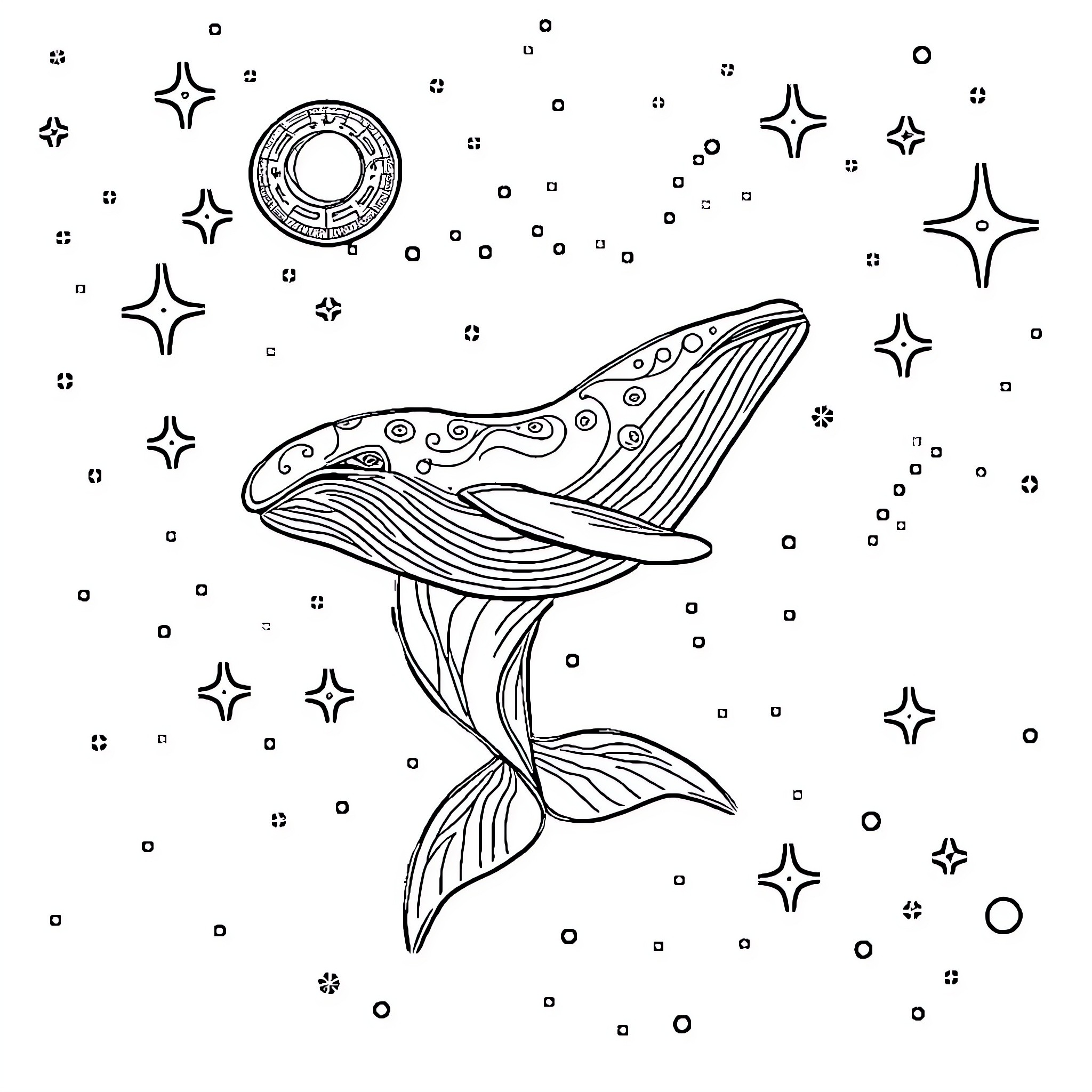 Whale swimming amidst cosmic stars and celestial shapes Coloring Page (free black-and-white line drawing printable PDF for all, from beginners to advanced learners, including children, teens, adults, and seniors)