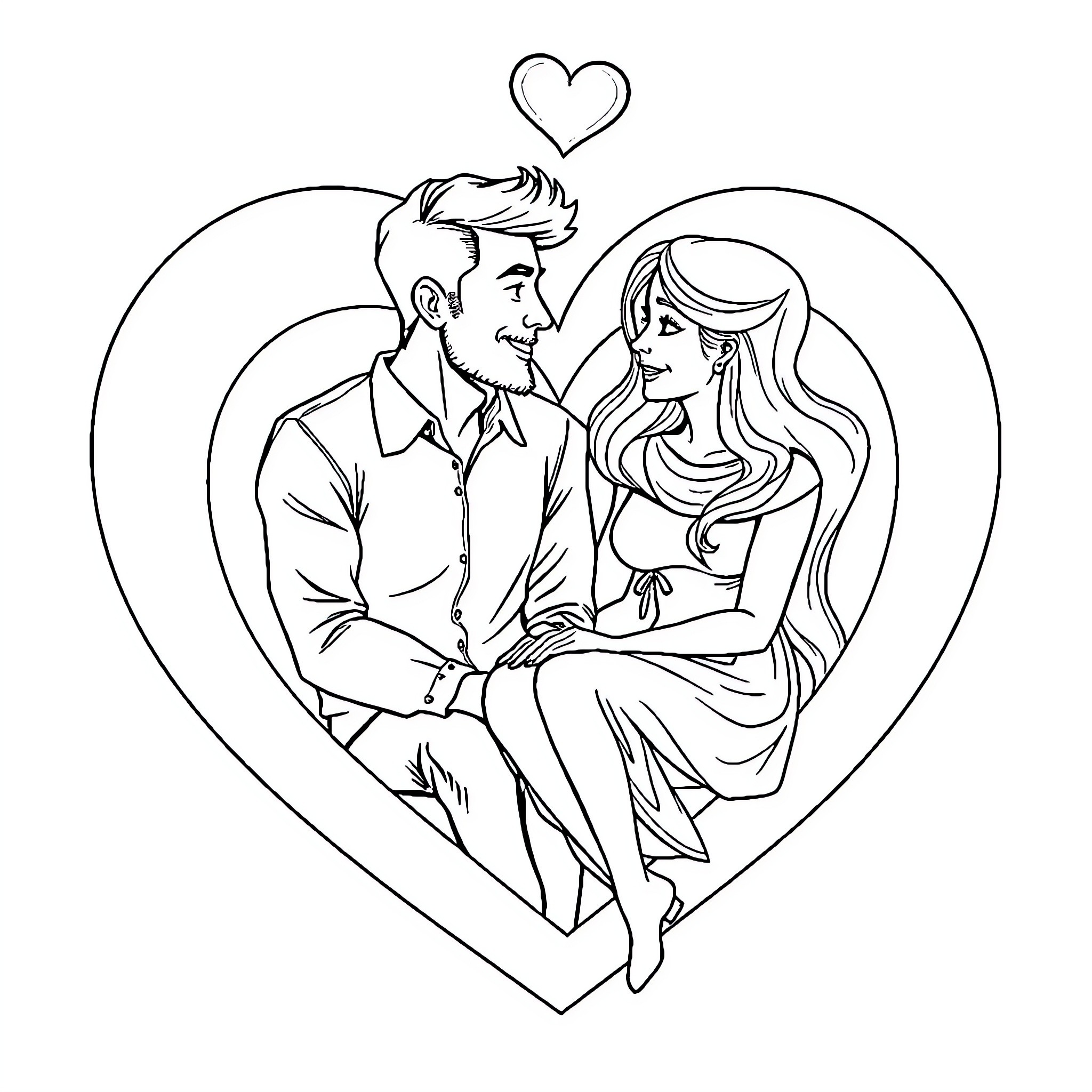 Heart-shaped Embrace of Loving Couple Coloring Page (free black-and-white line drawing printable PDF for all, from beginners to advanced learners, including children, teens, adults, and seniors)