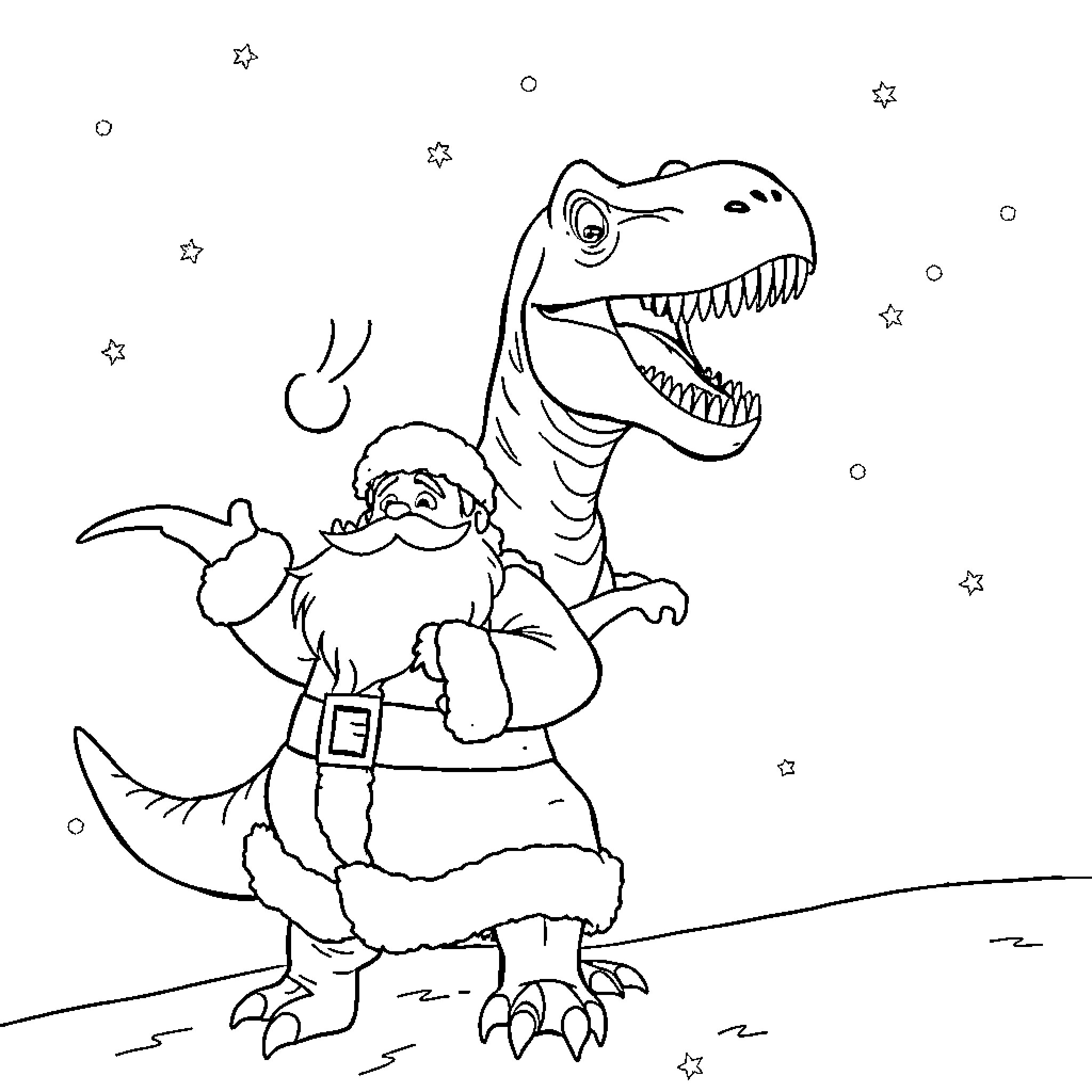 T-Rex playing with Santa Claus in the snow Coloring Page (free black-and-white line drawing printable PDF for all, from beginners to advanced learners, including children, teens, adults, and seniors)