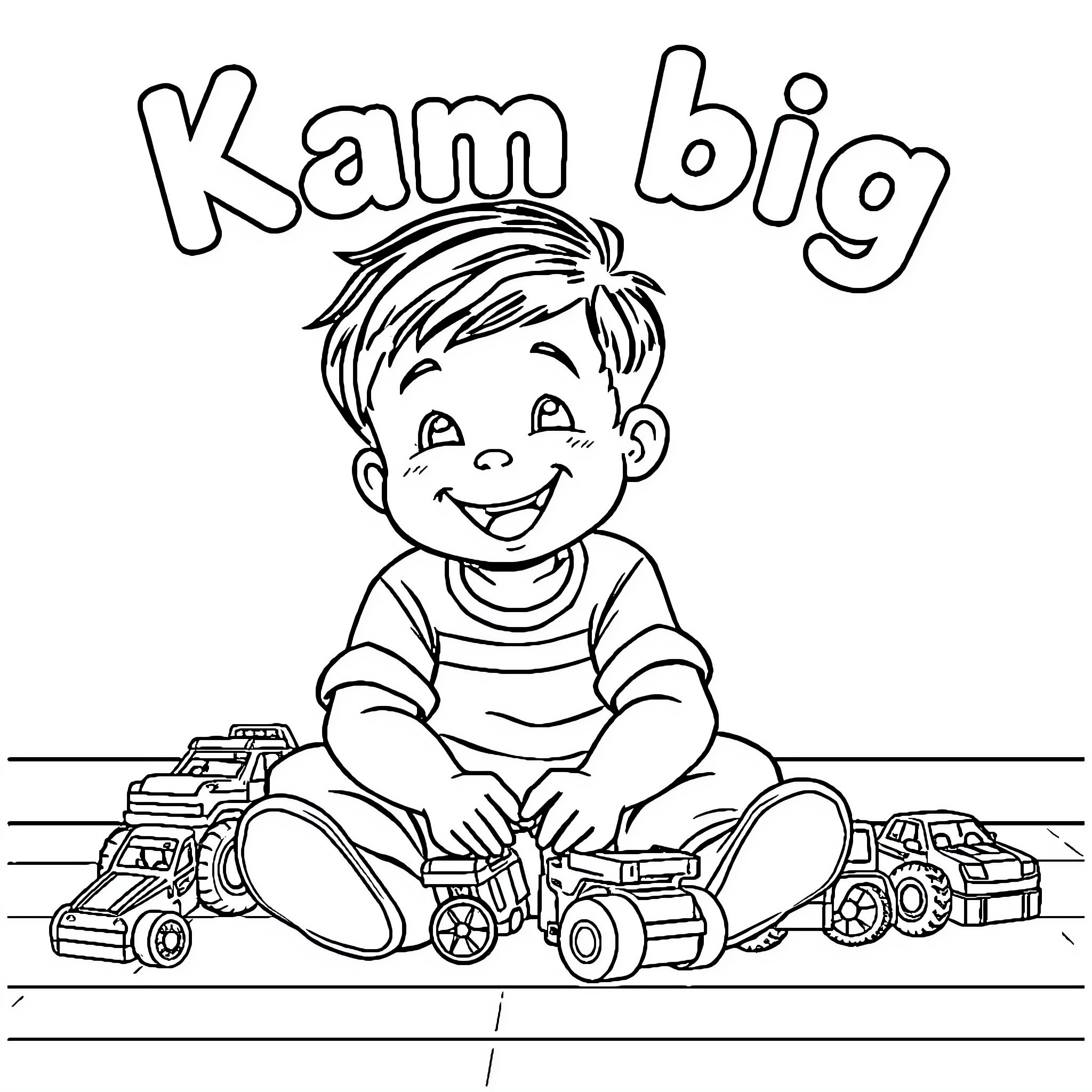 Boy playing happily with toy trucks Coloring Page (free black-and-white line drawing printable PDF for all, from beginners to advanced learners, including children, teens, adults, and seniors)