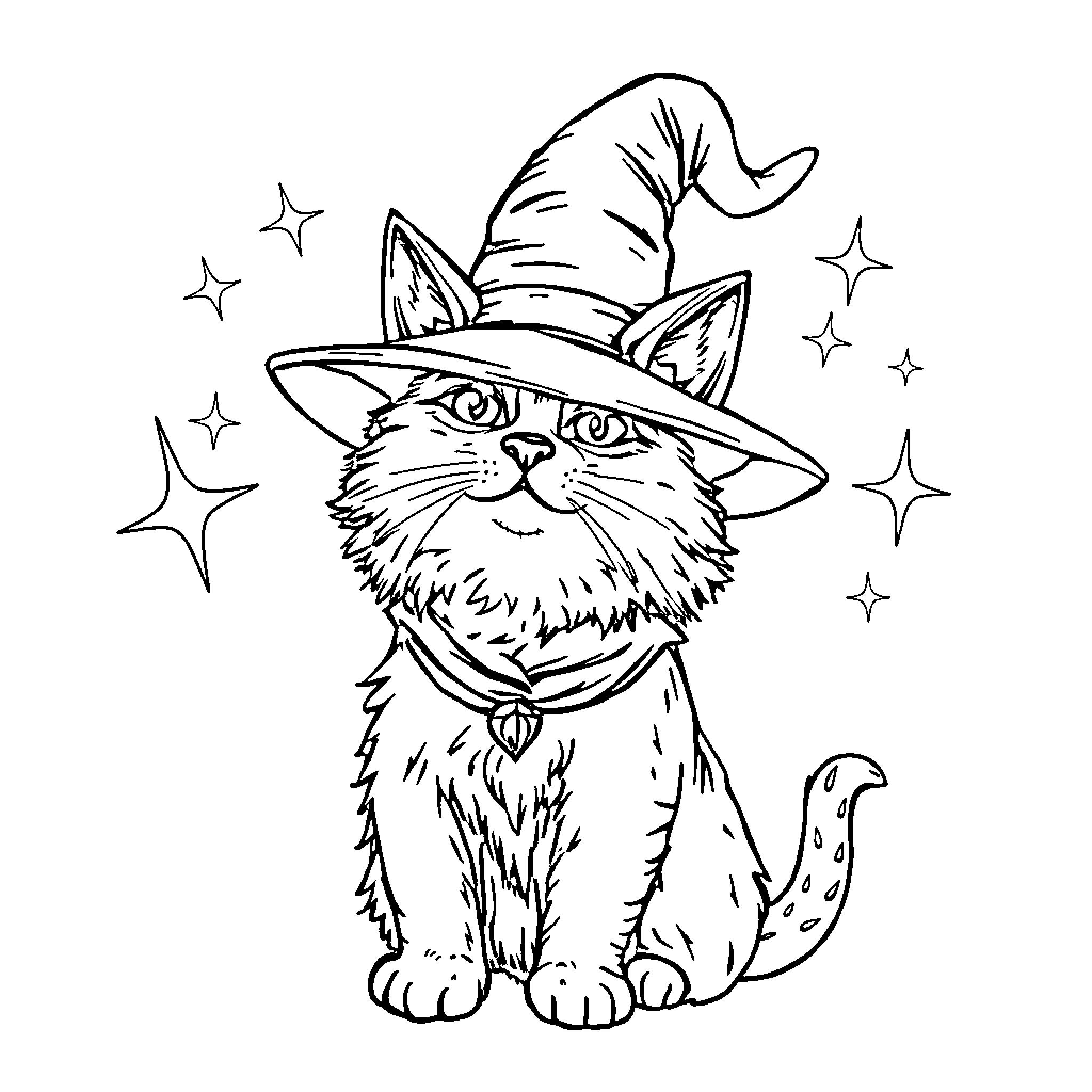 Cat in Witch Hat with Sparkling Stars Coloring Page (free black-and-white line drawing printable PDF for all, from beginners to advanced learners, including children, teens, adults, and seniors)