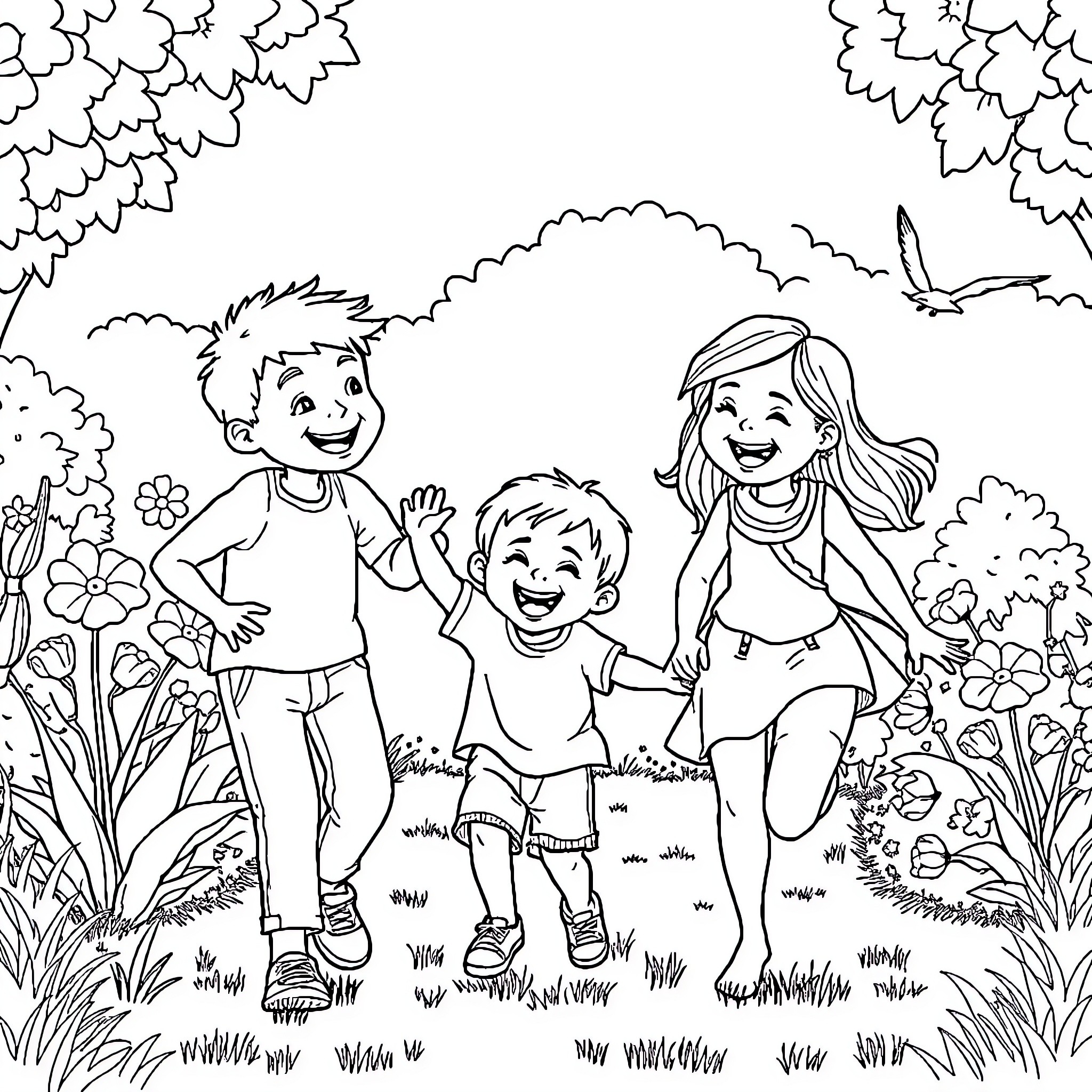 Family enjoying outdoor nature adventure Coloring Page (free black-and-white line drawing printable PDF for all, from beginners to advanced learners, including children, teens, adults, and seniors)