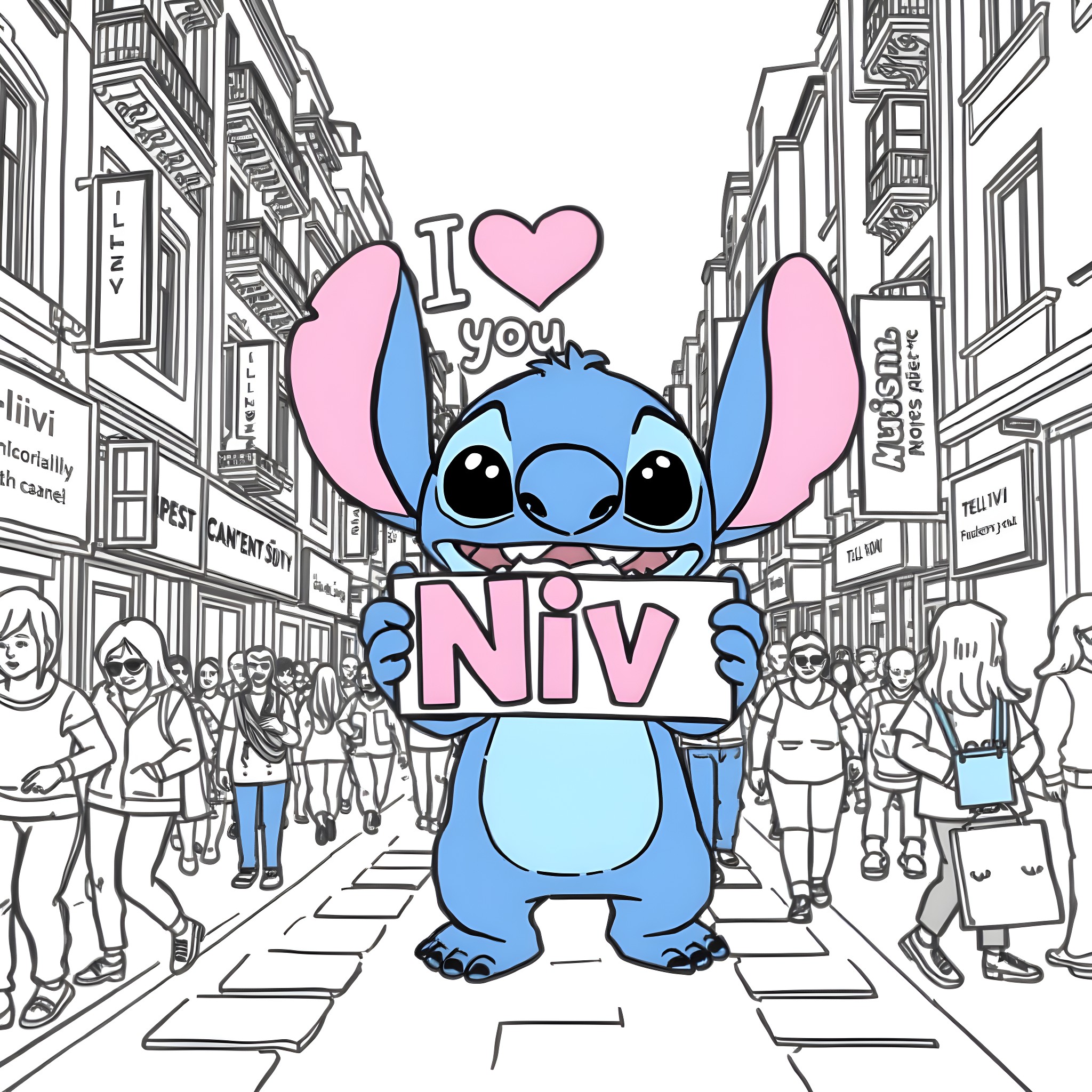Stitch's Love for Niv City Coloring Page (free black-and-white line drawing printable PDF for all, from beginners to advanced learners, including children, teens, adults, and seniors)