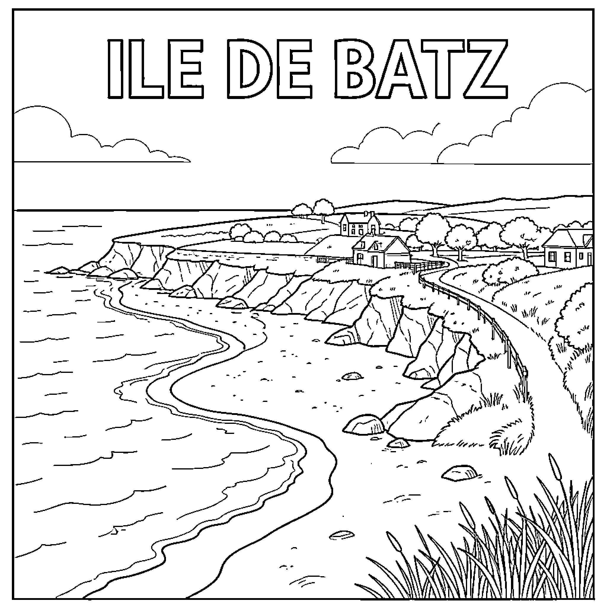 Ile de Batz coastline with houses and cliffs Coloring Page (free black-and-white line drawing printable PDF for all, from beginners to advanced learners, including children, teens, adults, and seniors)