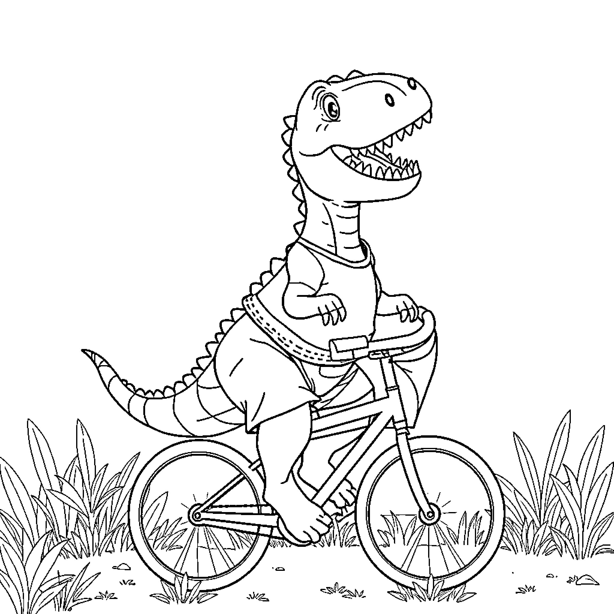 Dinosaurio riding a bicycle through the park Coloring Page (free black-and-white line drawing printable PDF for all, from beginners to advanced learners, including children, teens, adults, and seniors)