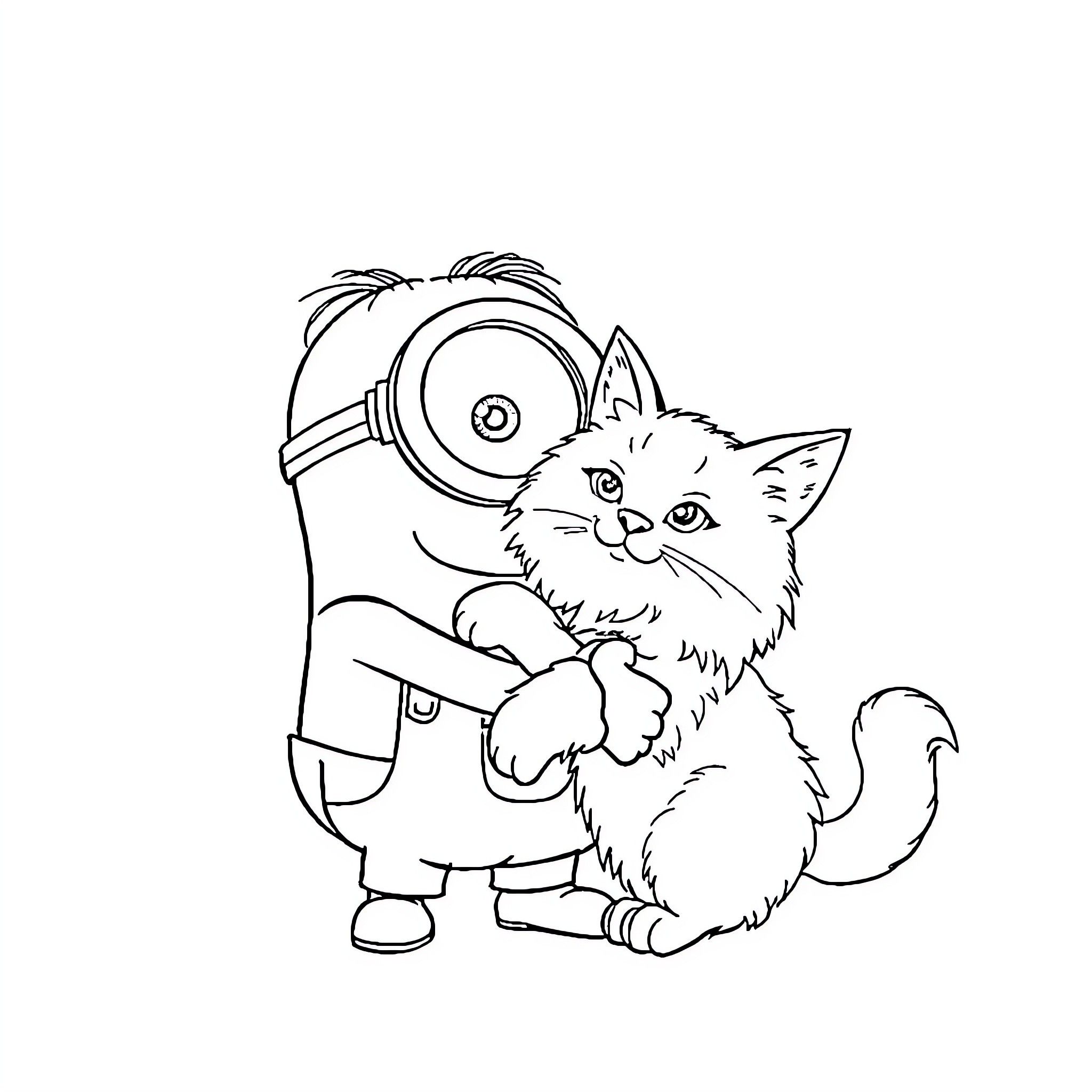 Minion playing with a cute kitten Coloring Page (free black-and-white line drawing printable PDF for all, from beginners to advanced learners, including children, teens, adults, and seniors)
