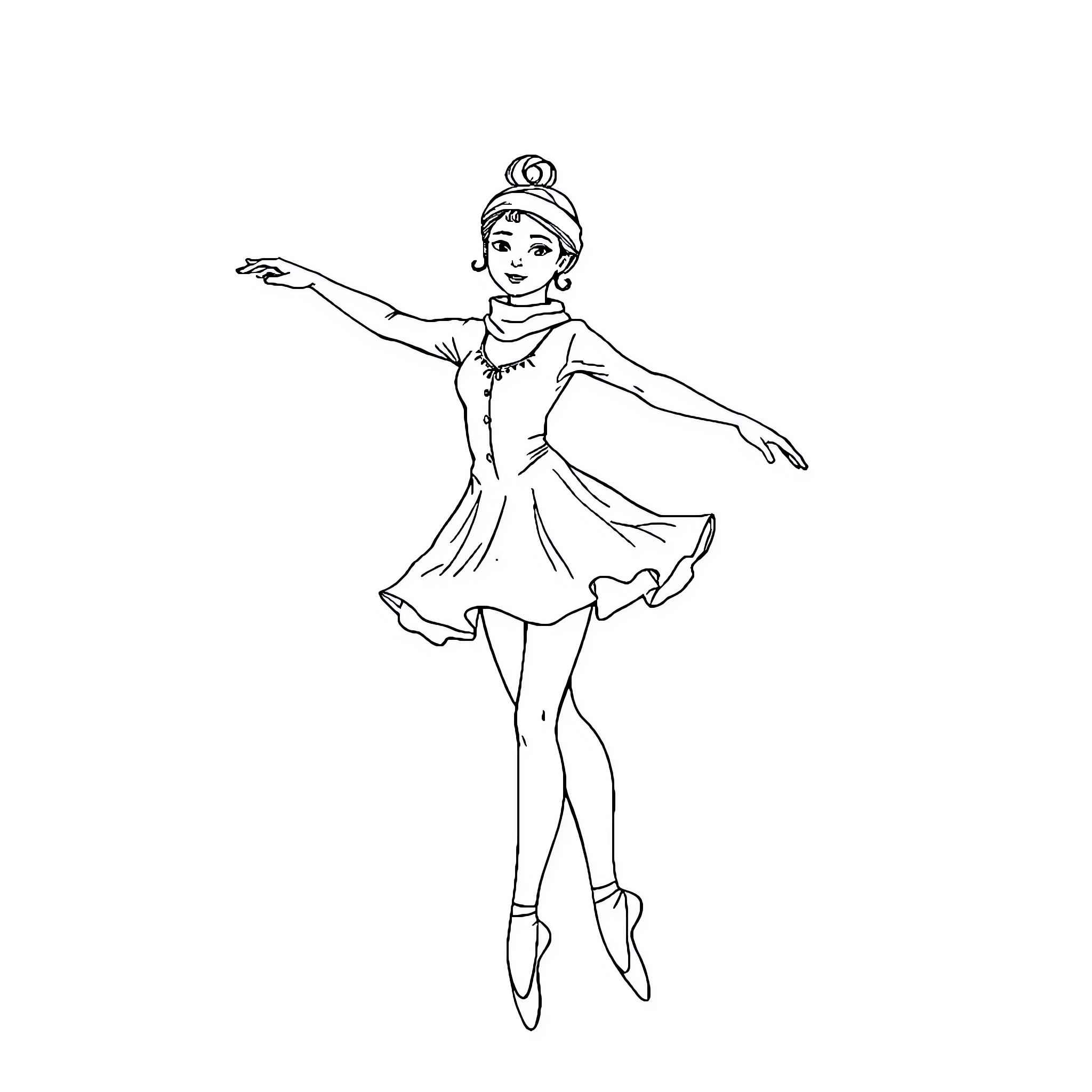 Ballerina in graceful dance pose Coloring Page (free black-and-white line drawing printable PDF for all, from beginners to advanced learners, including children, teens, adults, and seniors)