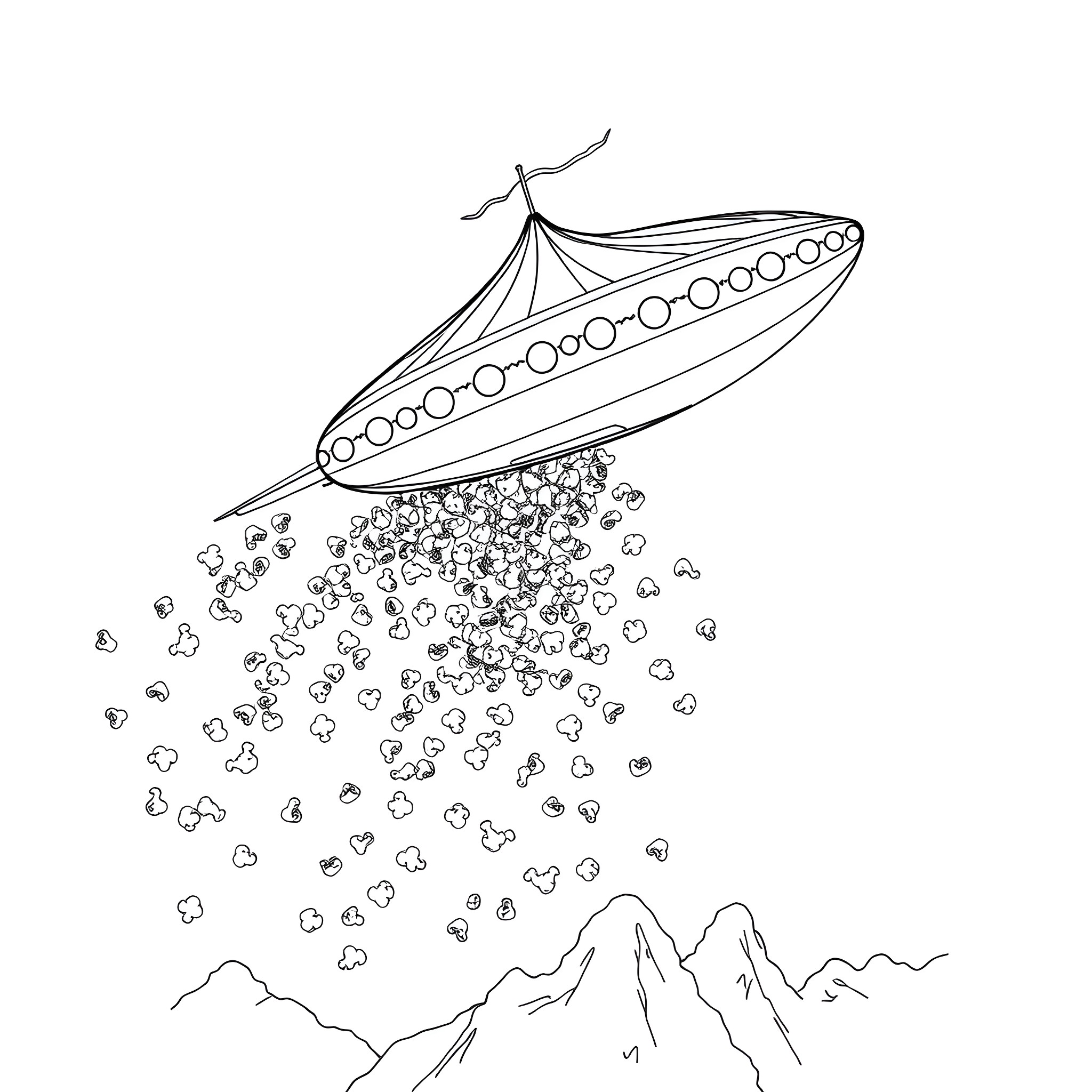 Spaceship soaring over majestic mountains Coloring Page (free black-and-white line drawing printable PDF for all, from beginners to advanced learners, including children, teens, adults, and seniors)