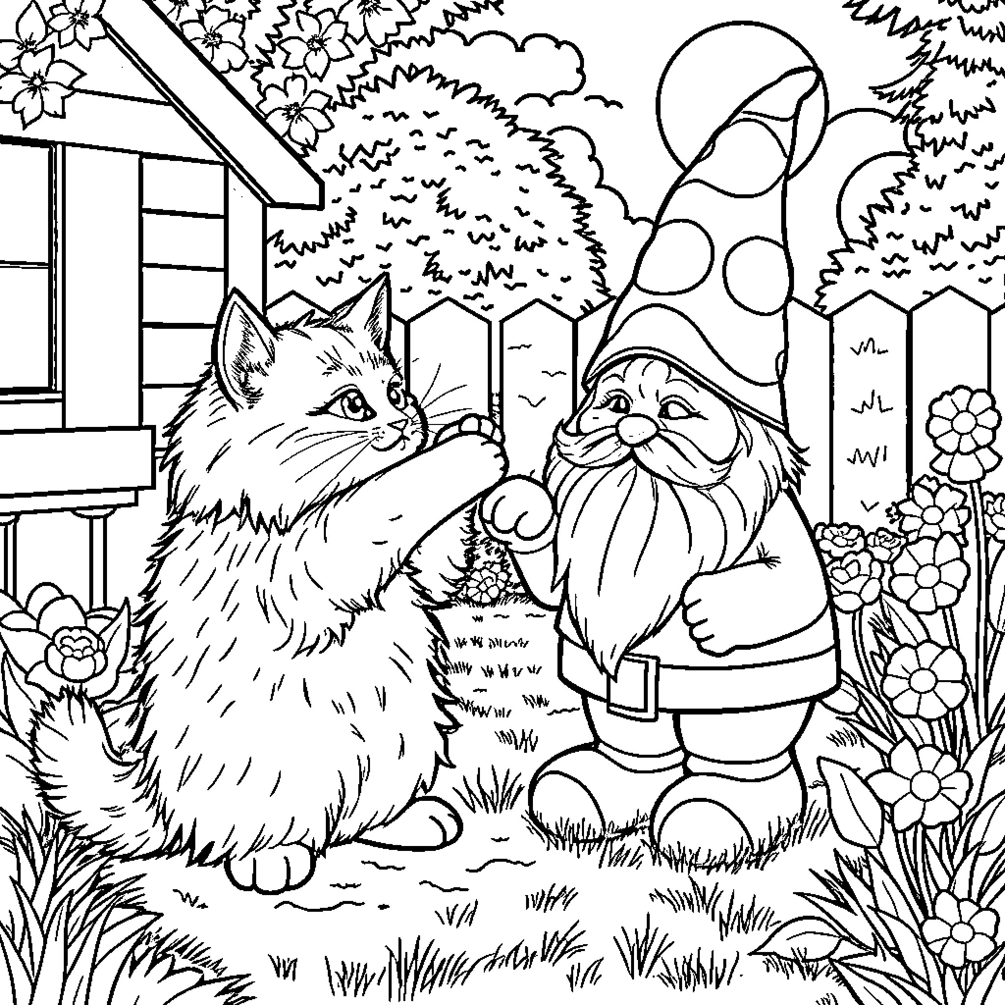 Cat and Gnome in a Whimsical Garden Coloring Page (free black-and-white line drawing printable PDF for all, from beginners to advanced learners, including children, teens, adults, and seniors)
