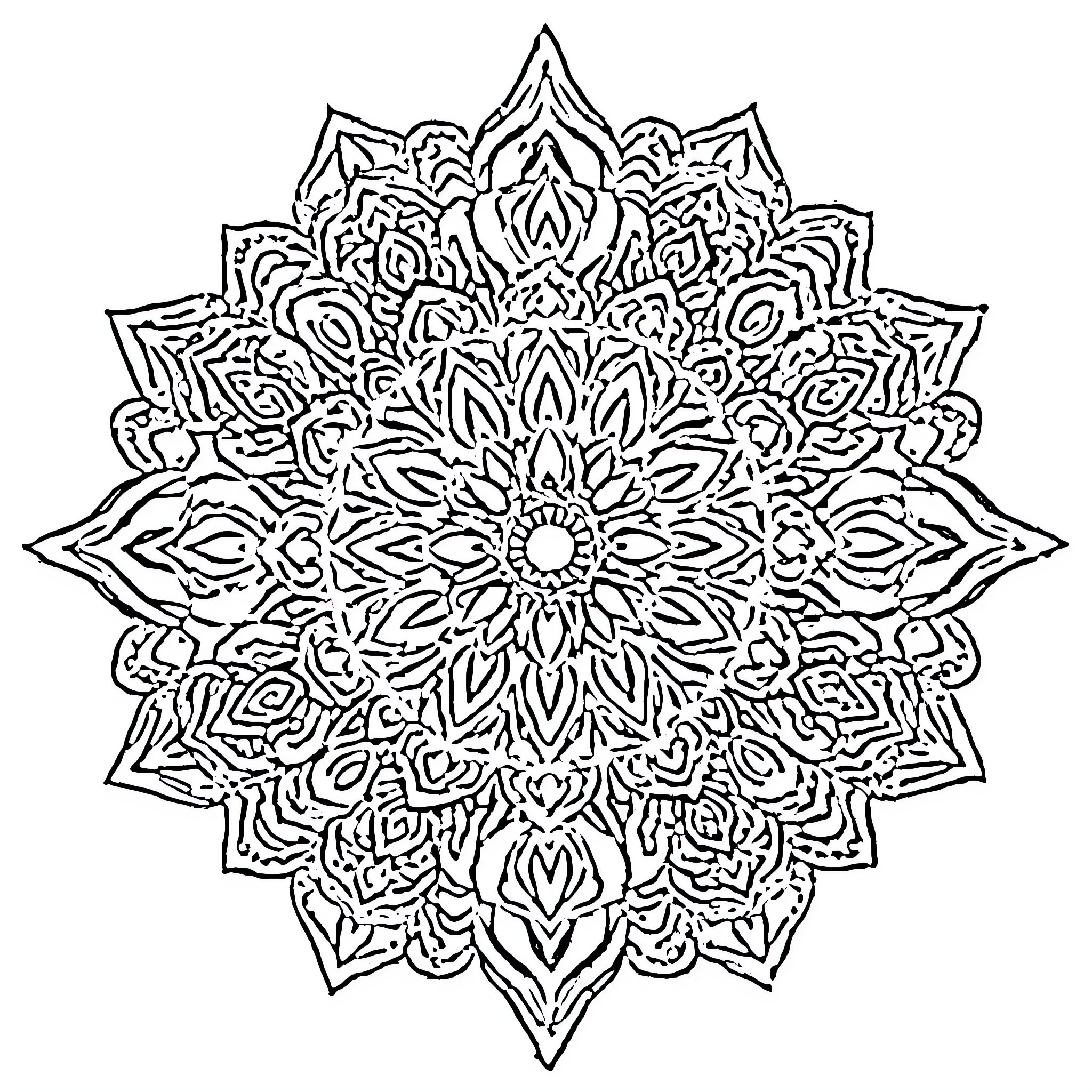 Mandala with intricate floral patterns Coloring Page (free black-and-white line drawing printable PDF for all, from beginners to advanced learners, including children, teens, adults, and seniors)