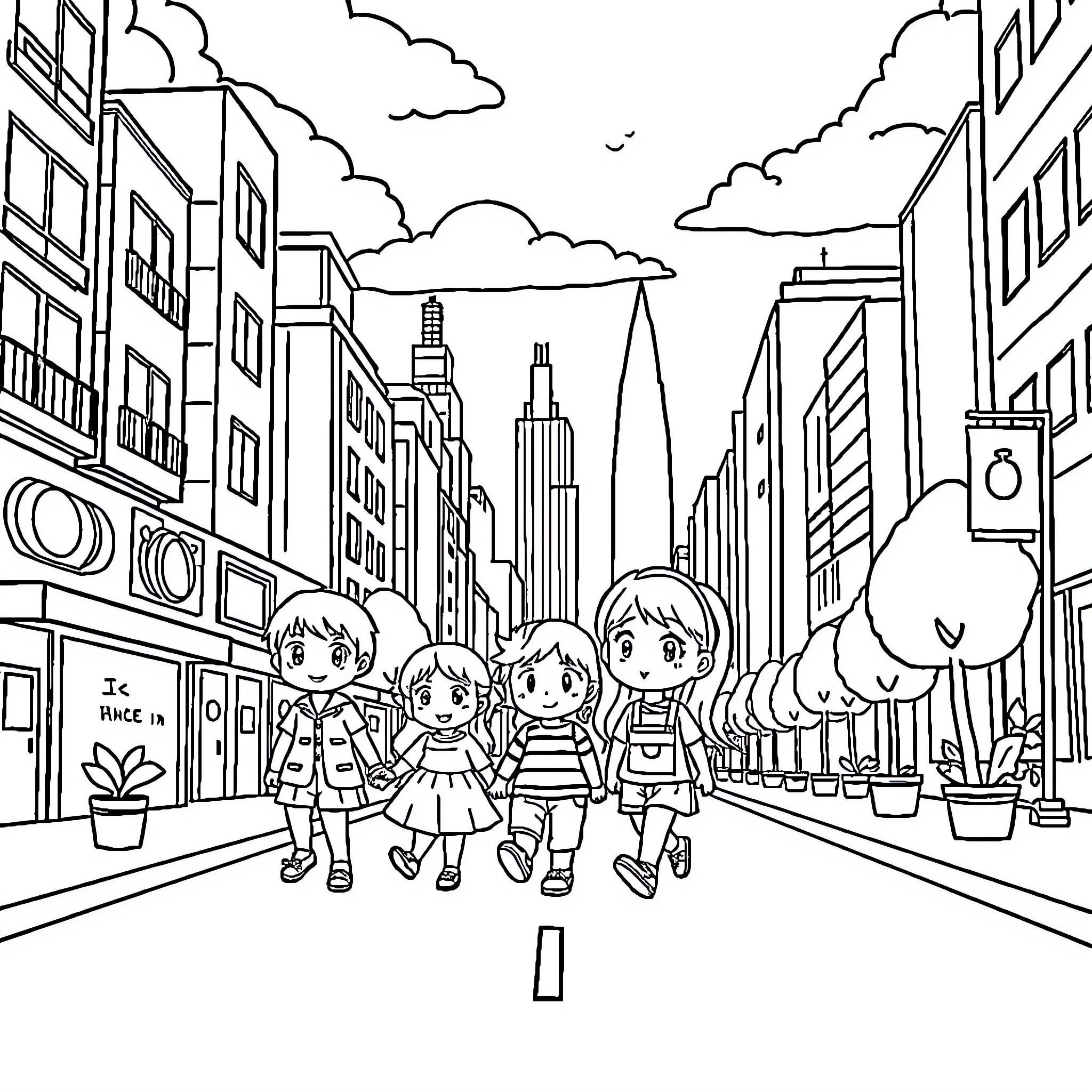 Chibi friends exploring the city streets Coloring Page (free black-and-white line drawing printable PDF for all, from beginners to advanced learners, including children, teens, adults, and seniors)