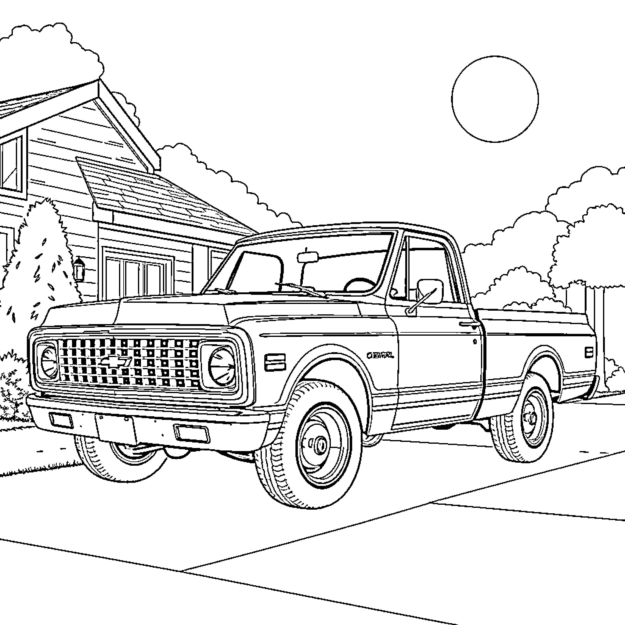 Chevrolet pickup truck parked in rural setting Coloring Page (free black-and-white line drawing printable PDF for all, from beginners to advanced learners, including children, teens, adults, and seniors)
