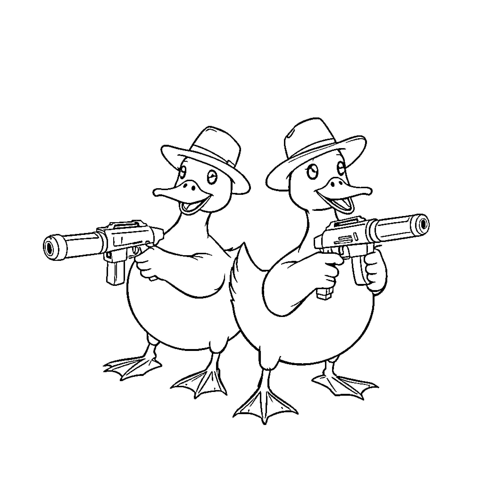 Duck detectives with toy guns in hats Coloring Page (free black-and-white line drawing printable PDF for all, from beginners to advanced learners, including children, teens, adults, and seniors)