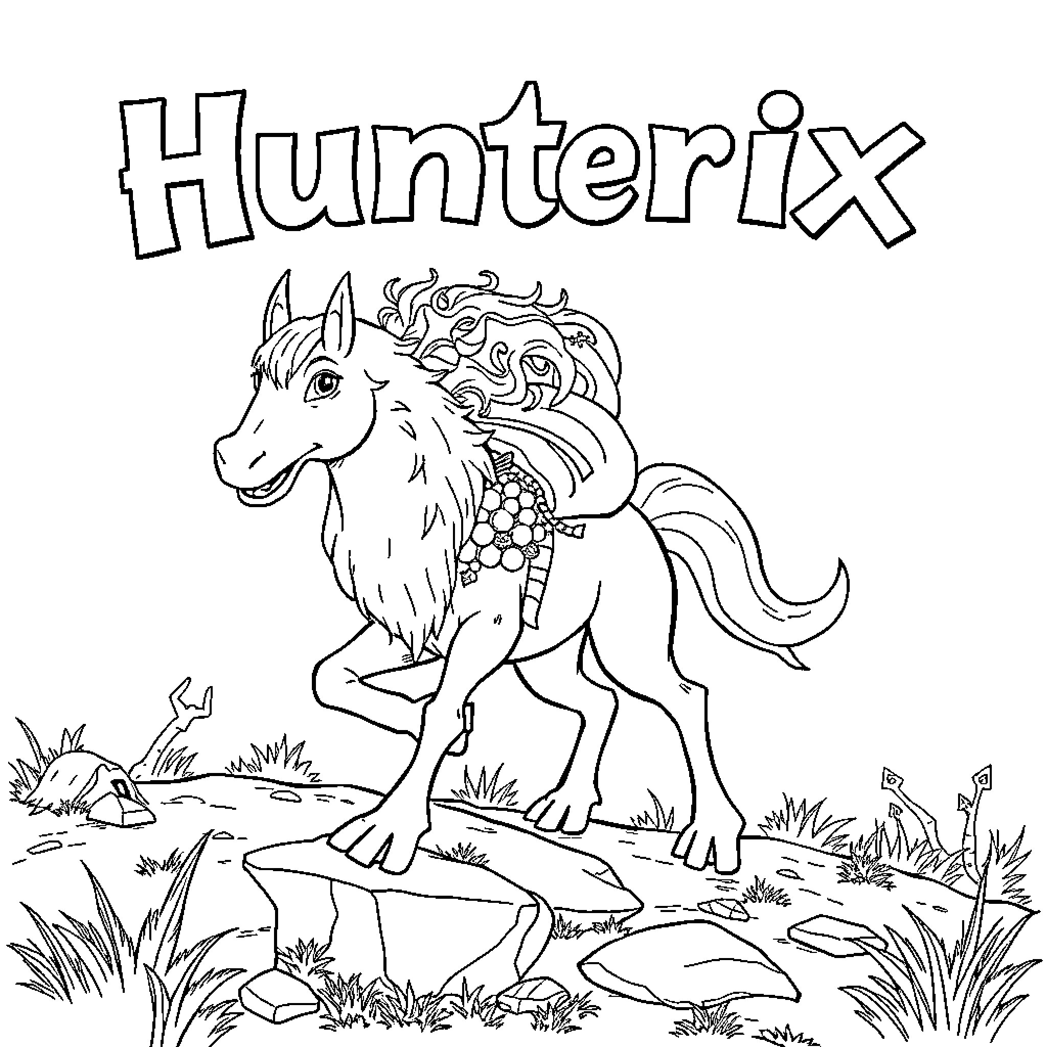 Hunterix's Adventurous Journey in the Wilderness Coloring Page (free black-and-white line drawing printable PDF for all, from beginners to advanced learners, including children, teens, adults, and seniors)