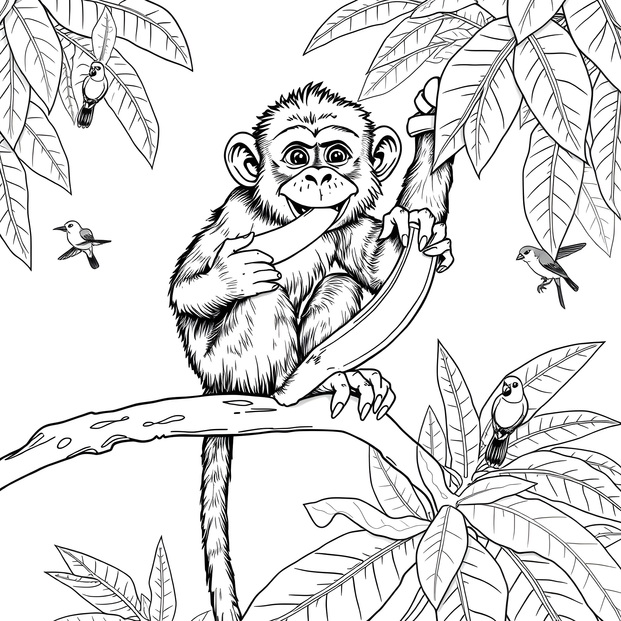 Monkey mischievously exploring the lush jungle Coloring Page (free black-and-white line drawing printable PDF for all, from beginners to advanced learners, including children, teens, adults, and seniors)