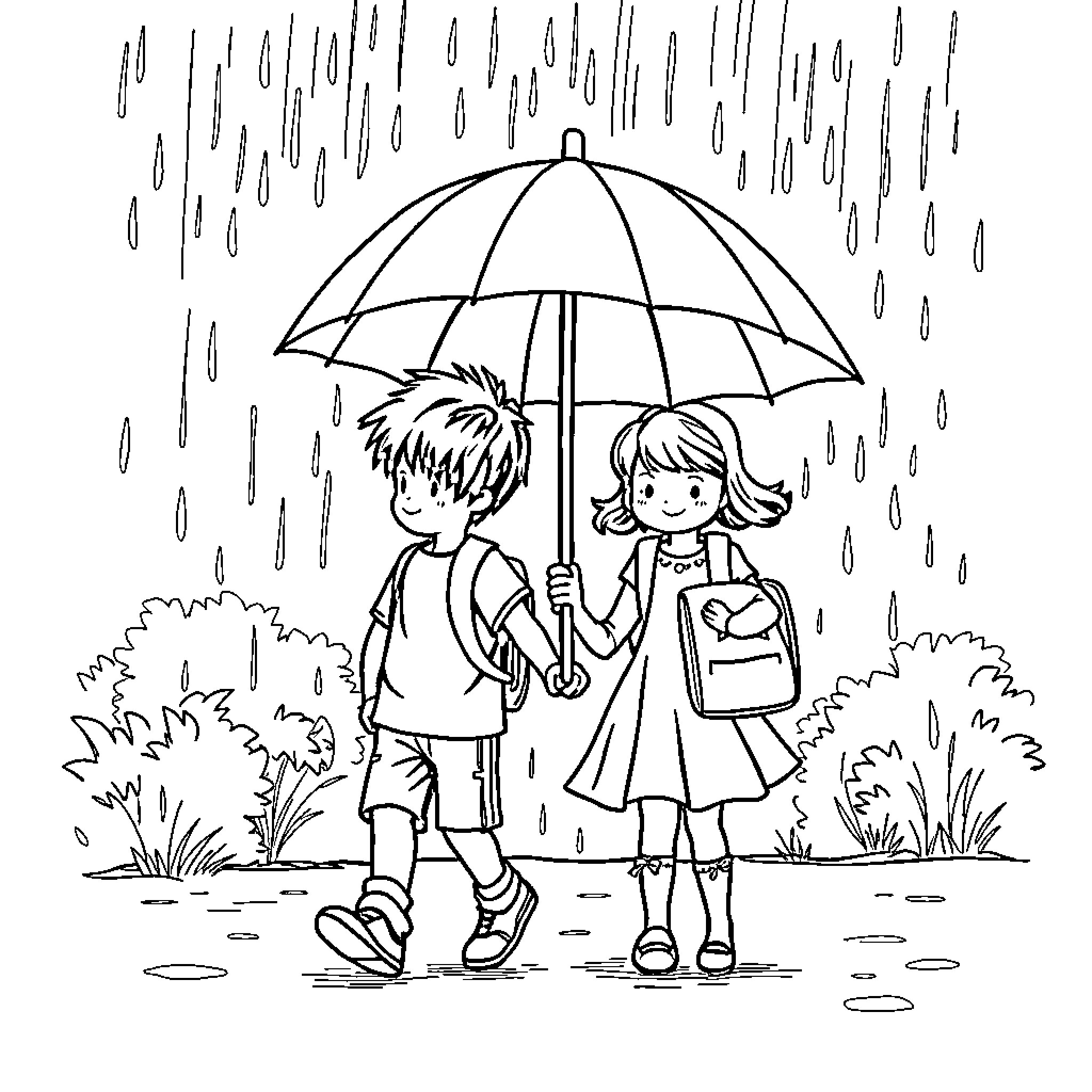 Child walking together under the rain with umbrella Coloring Page (free black-and-white line drawing printable PDF for all, from beginners to advanced learners, including children, teens, adults, and seniors)