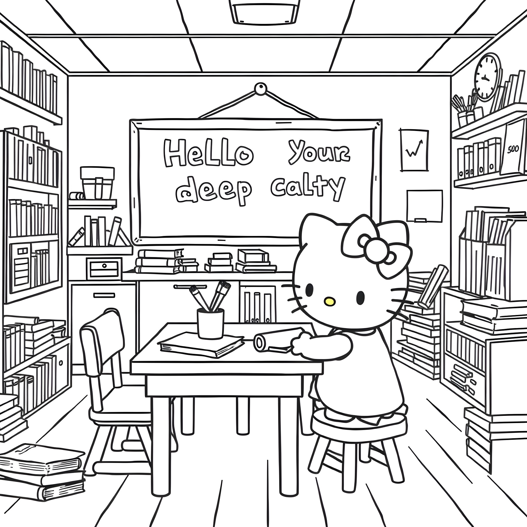 Hello Kitty in a cozy study Coloring Page (free black-and-white line drawing printable PDF for all, from beginners to advanced learners, including children, teens, adults, and seniors)