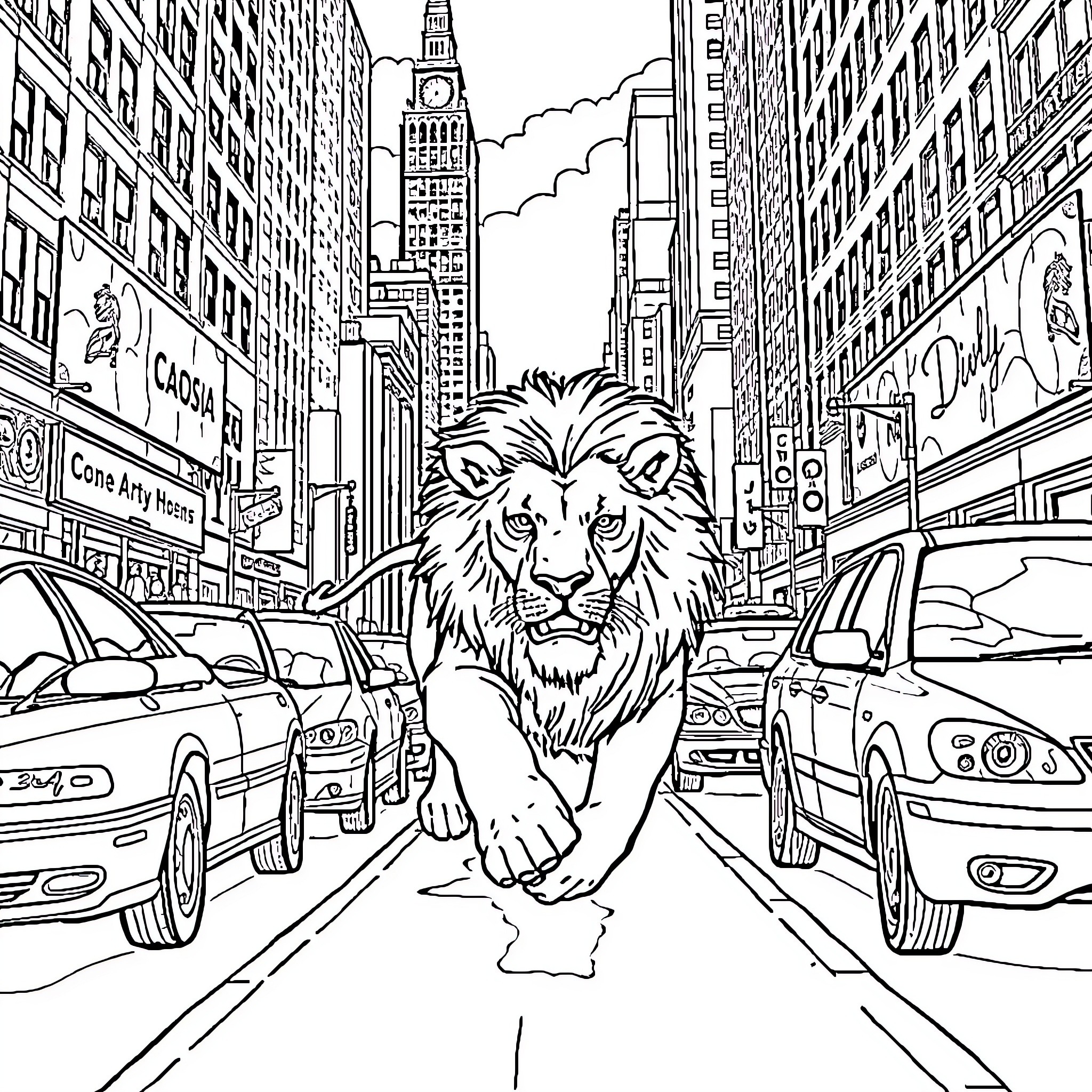 Lion roaming the bustling city streets Coloring Page (free black-and-white line drawing printable PDF for all, from beginners to advanced learners, including children, teens, adults, and seniors)