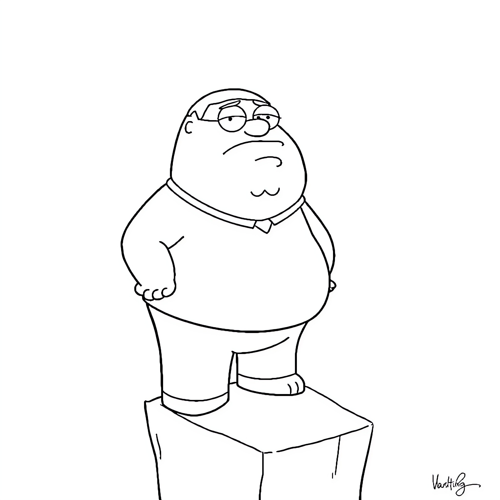 Peter Griffin sitting on a stool with a thoughtful expression Coloring Page (free black-and-white line drawing printable PDF for all, from beginners to advanced learners, including children, teens, adults, and seniors)