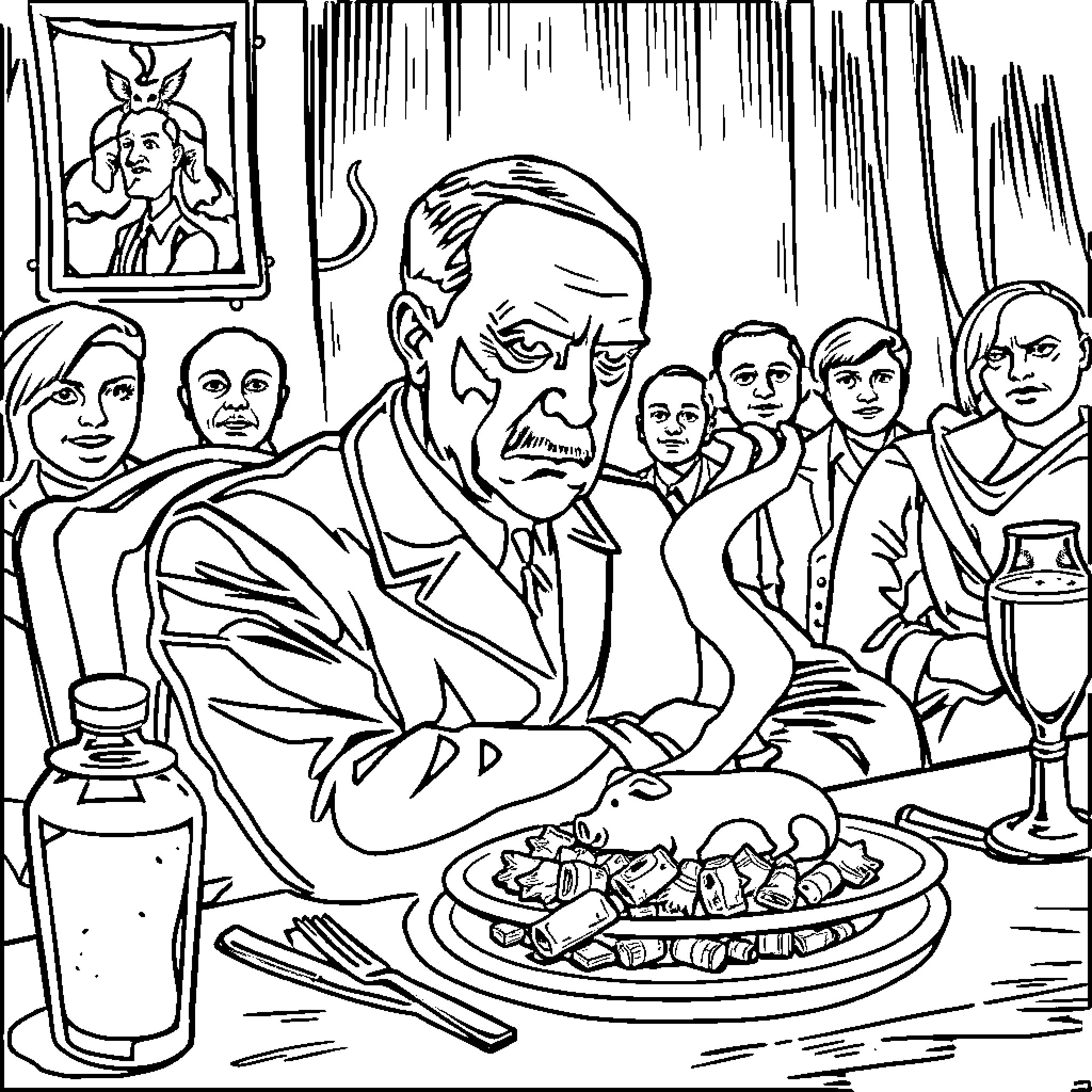Adolf Hitler presiding over a formal dinner with his associates Coloring Page (free black-and-white line drawing printable PDF for all, from beginners to advanced learners, including children, teens, adults, and seniors)