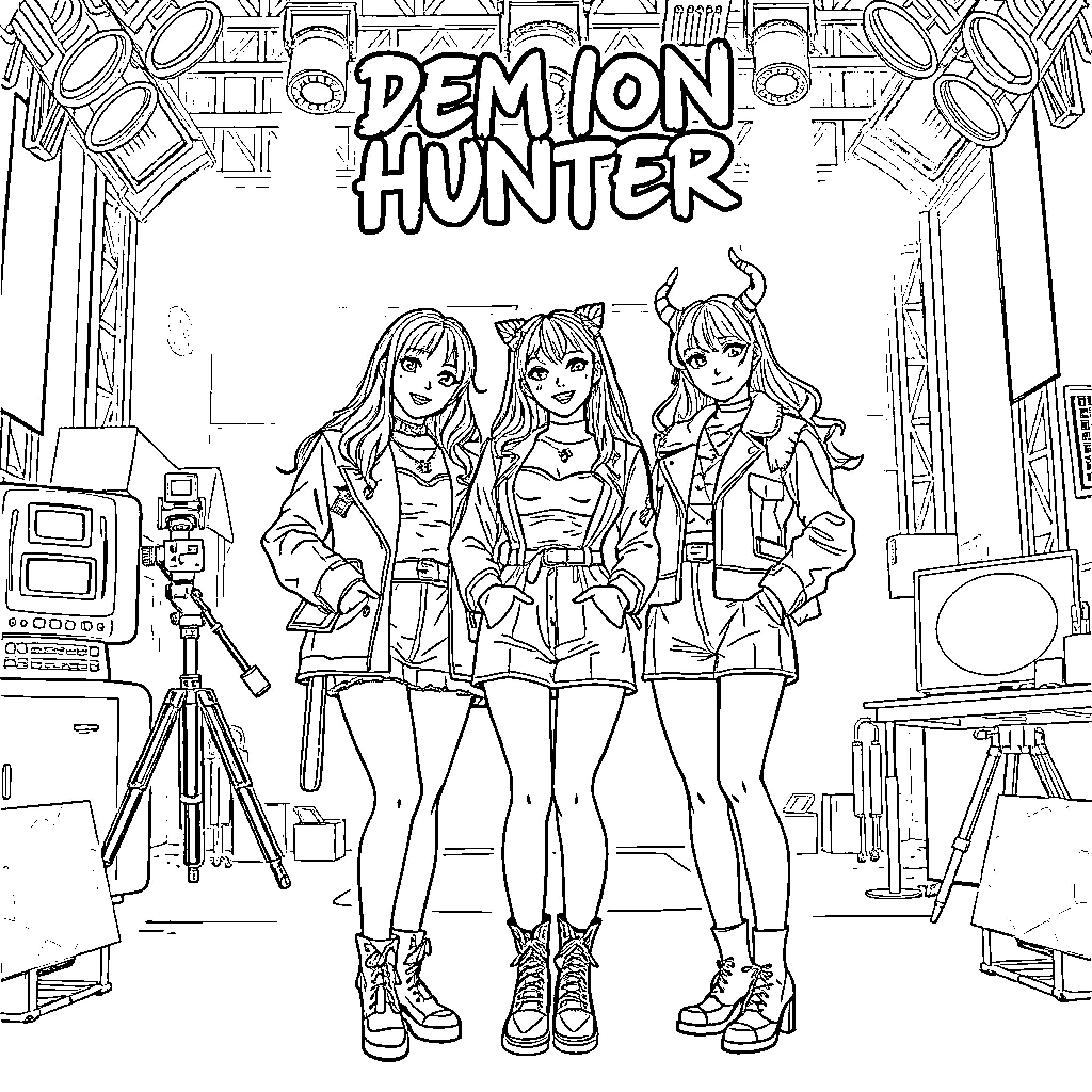 Mira's Demon Hunter Team in Action Coloring Page (free black-and-white line drawing printable PDF for all, from beginners to advanced learners, including children, teens, adults, and seniors)