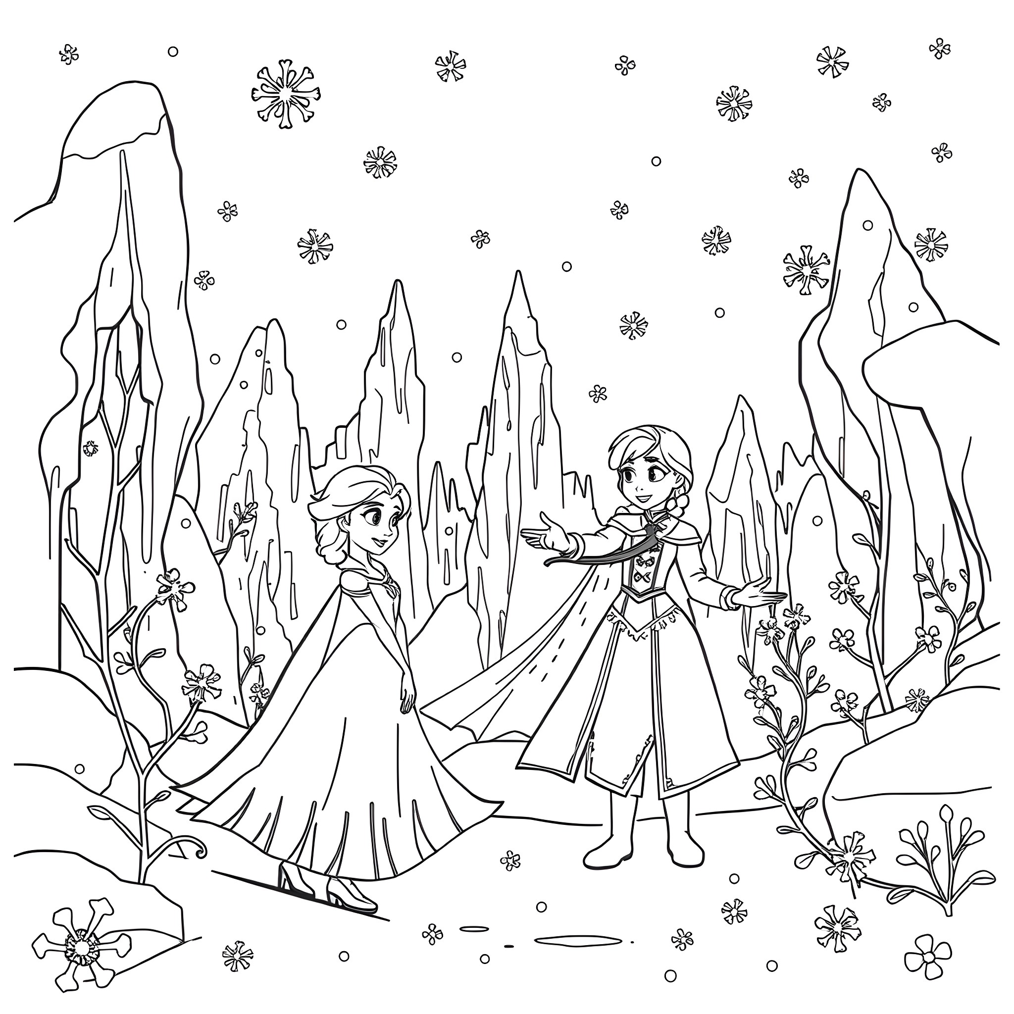 Frozen sisters playing in the snowy landscape Coloring Page (free black-and-white line drawing printable PDF for all, from beginners to advanced learners, including children, teens, adults, and seniors)