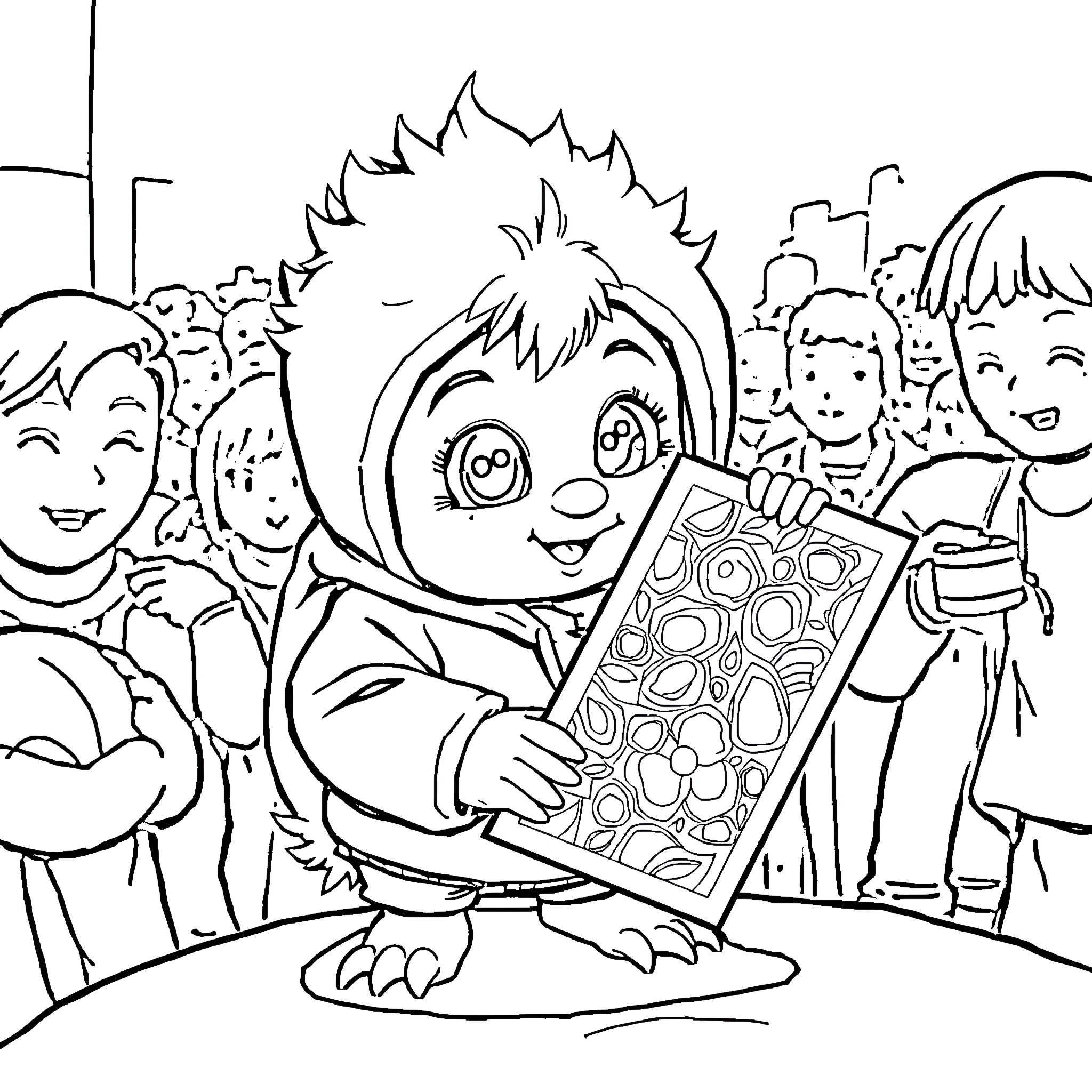 Boy reading coloring book surrounded by friends Coloring Page (free black-and-white line drawing printable PDF for all, from beginners to advanced learners, including children, teens, adults, and seniors)