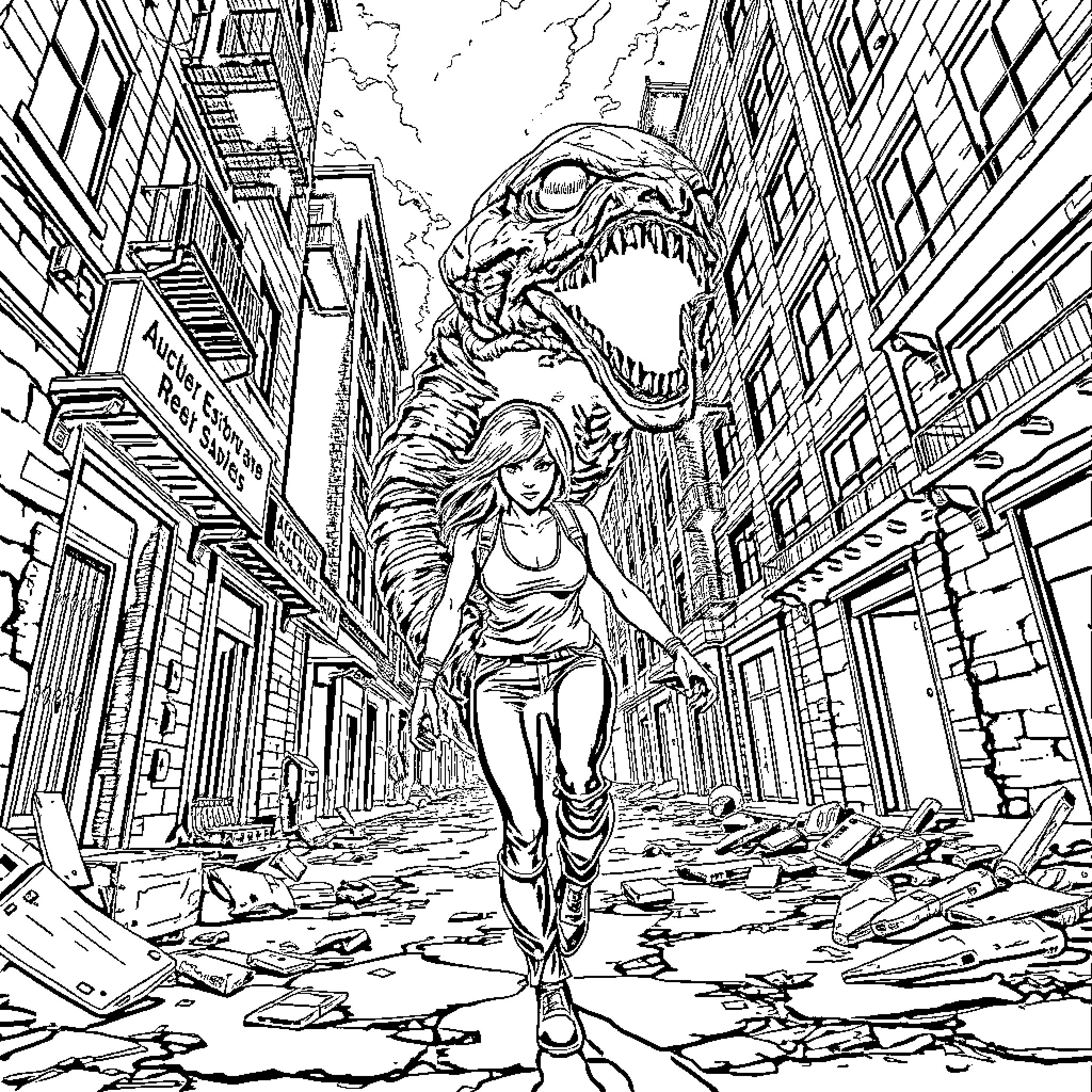 Resident Evil: Heroine Facing Monstrous Threat in Ruined City Coloring Page (free black-and-white line drawing printable PDF for all, from beginners to advanced learners, including children, teens, adults, and seniors)