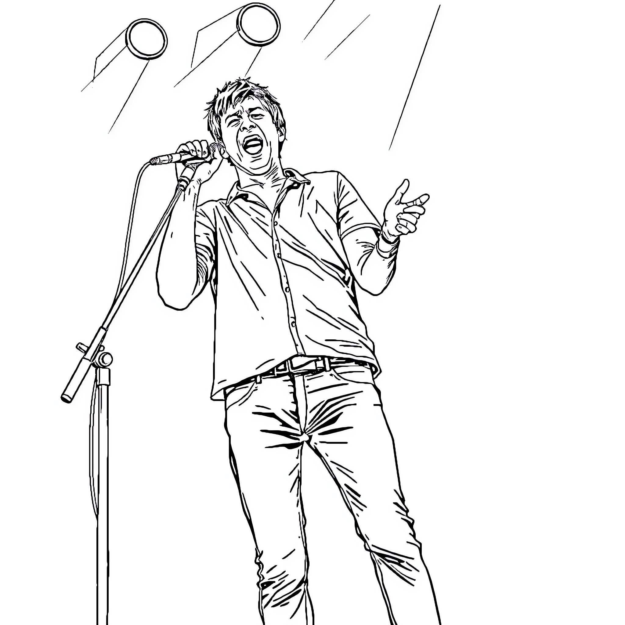 Damon Albarn performing passionately on stage Coloring Page (free black-and-white line drawing printable PDF for all, from beginners to advanced learners, including children, teens, adults, and seniors)