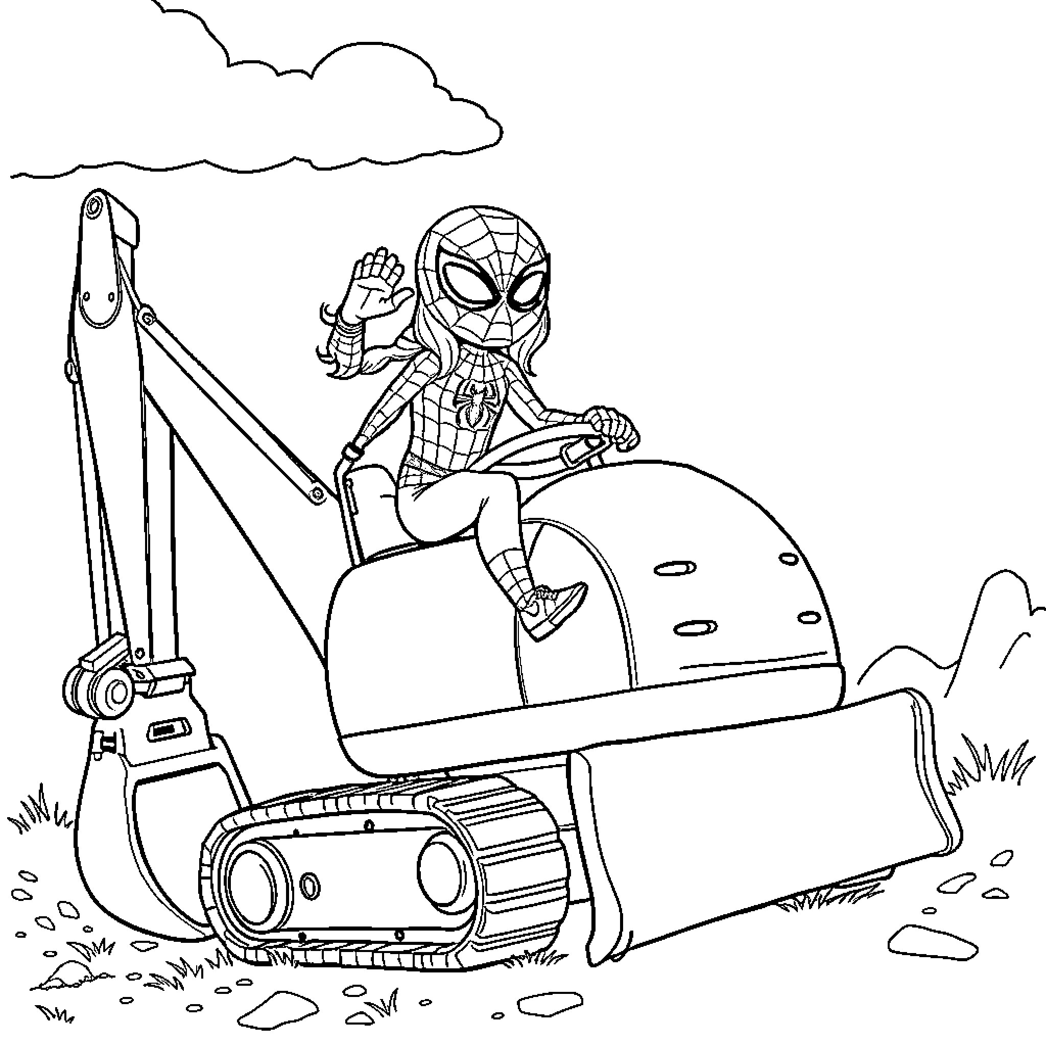 Girl Spiderman enjoys riding construction excavator Coloring Page (free black-and-white line drawing printable PDF for all, from beginners to advanced learners, including children, teens, adults, and seniors)