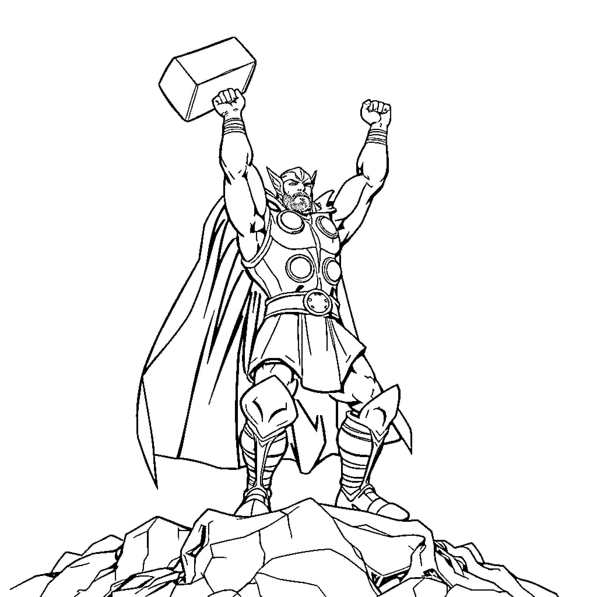 Thor Triumphantly Wielding Mjolnir Hammer Coloring Page (free black-and-white line drawing printable PDF for all, from beginners to advanced learners, including children, teens, adults, and seniors)