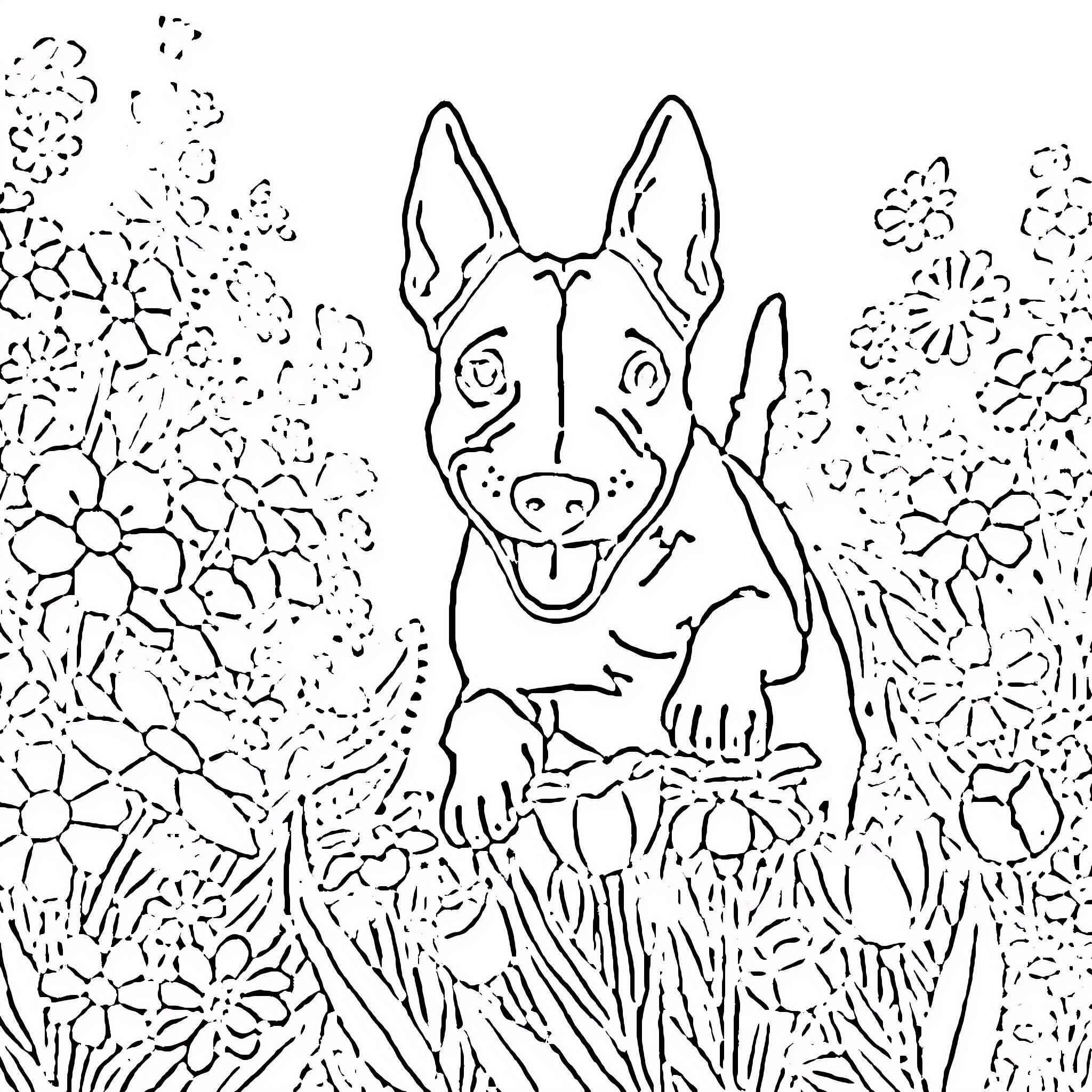 Bullterrier enjoying the flowers in the garden Coloring Page (free black-and-white line drawing printable PDF for all, from beginners to advanced learners, including children, teens, adults, and seniors)