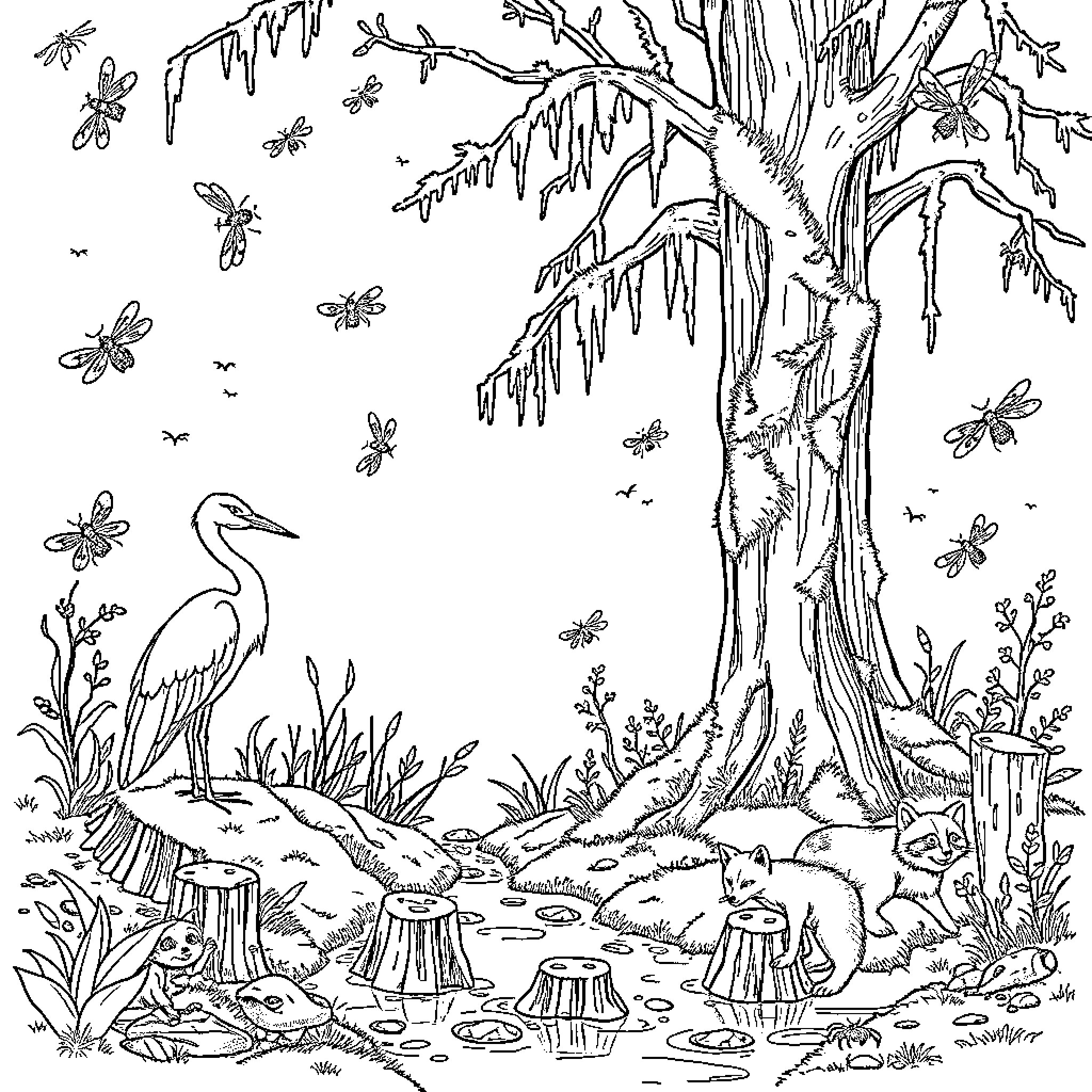 Creek scene with birds, insects, and wildlife Coloring Page (free black-and-white line drawing printable PDF for all, from beginners to advanced learners, including children, teens, adults, and seniors)