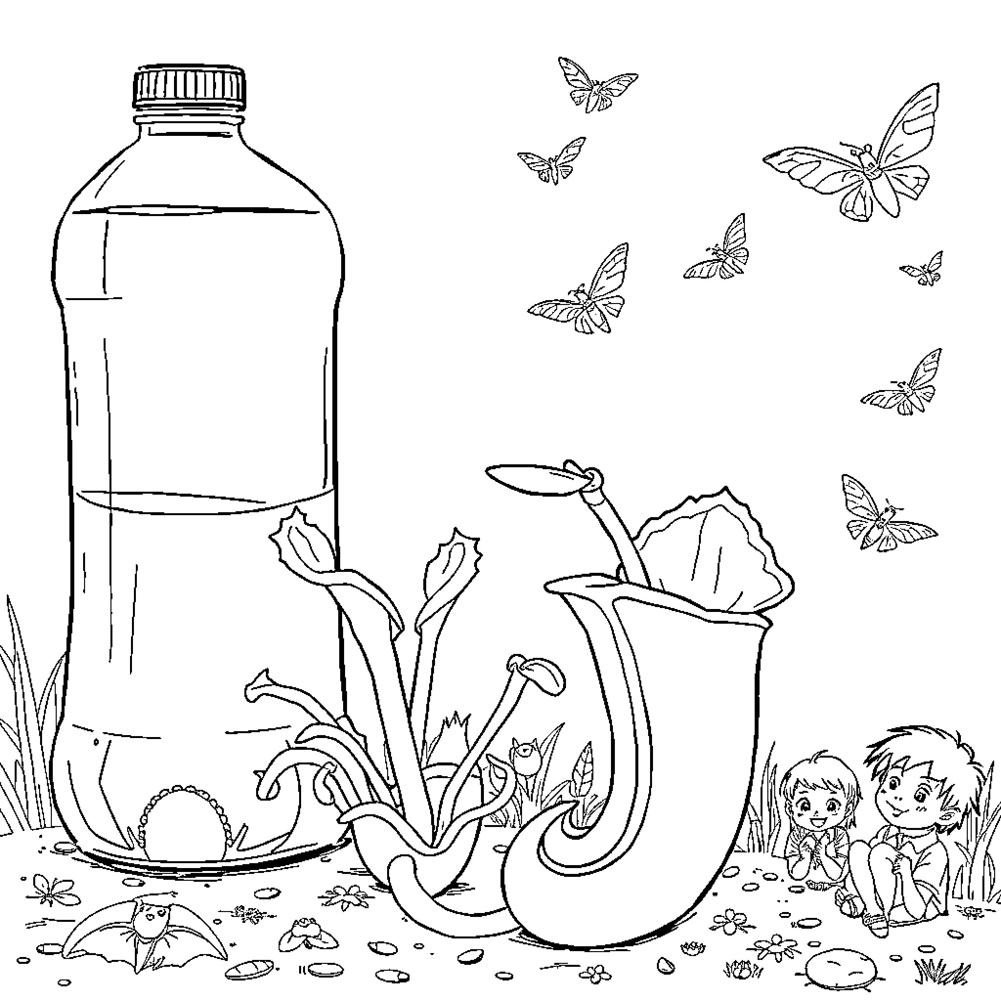 Venus Flytrap capturing insects with butterflies in the background Coloring Page (free black-and-white line drawing printable PDF for all, from beginners to advanced learners, including children, teens, adults, and seniors)