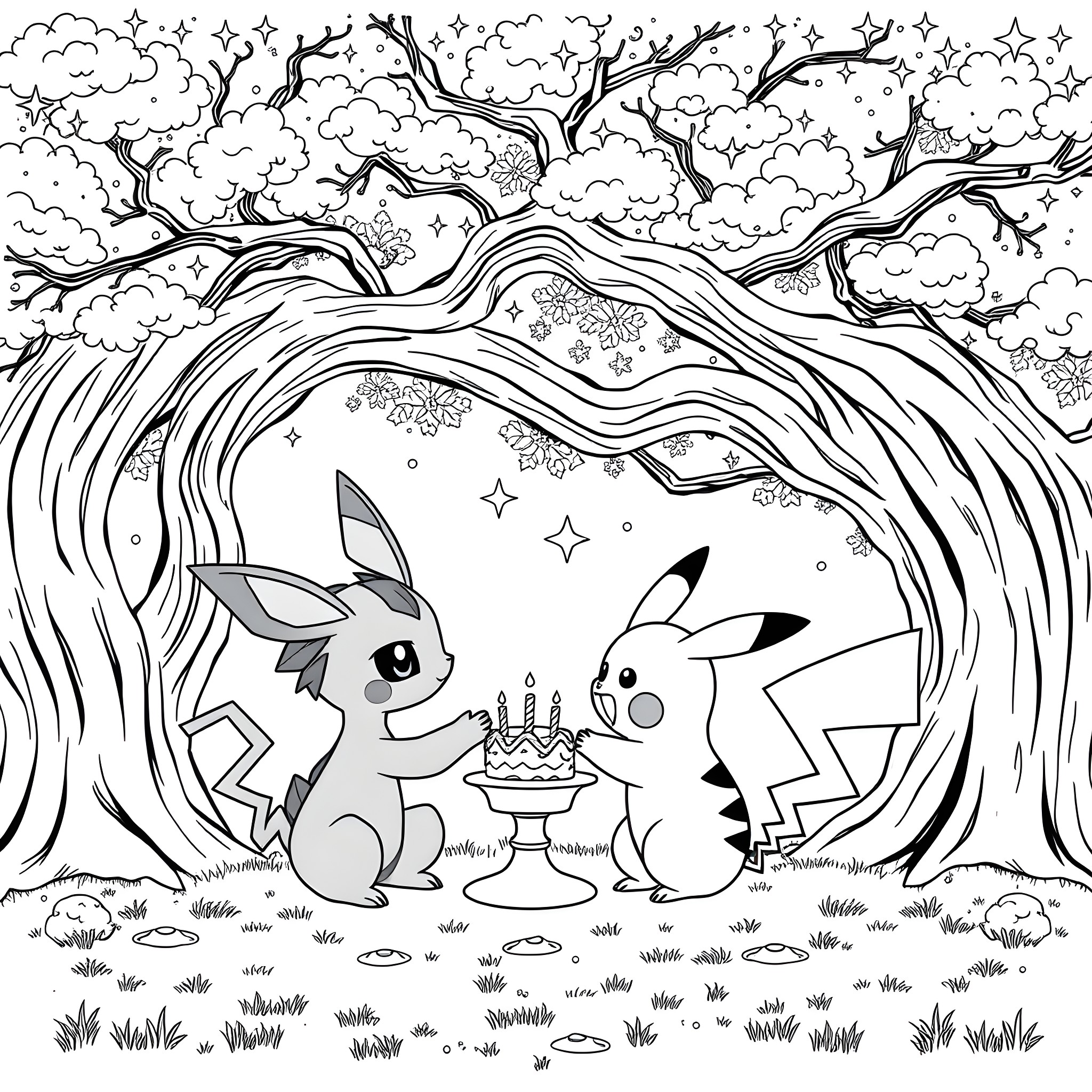 Umbreon and Pikachu celebrate a special occasion Coloring Page (free black-and-white line drawing printable PDF for all, from beginners to advanced learners, including children, teens, adults, and seniors)