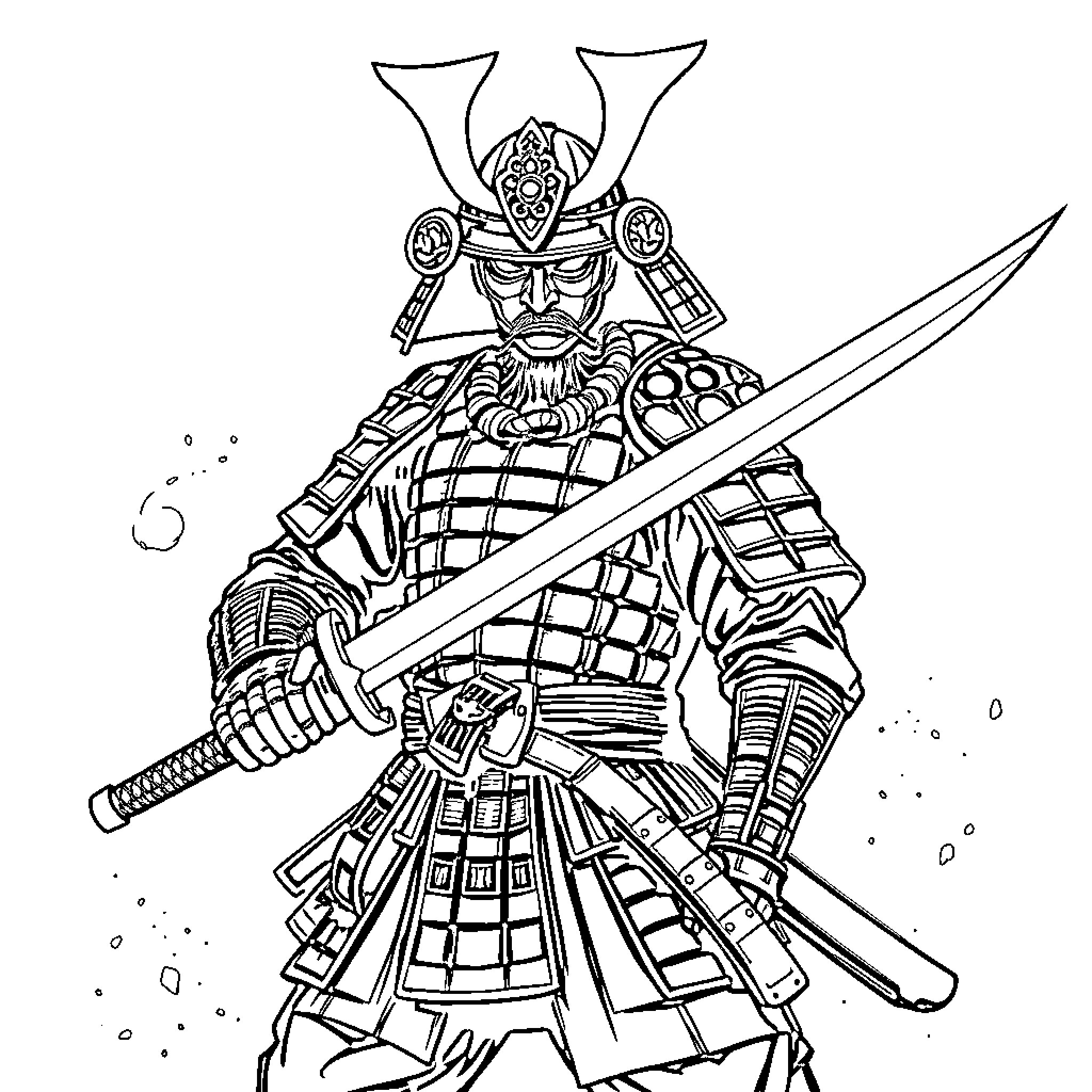Samurai Warrior Wielding Fierce Blade in Armor Coloring Page (free black-and-white line drawing printable PDF for all, from beginners to advanced learners, including children, teens, adults, and seniors)