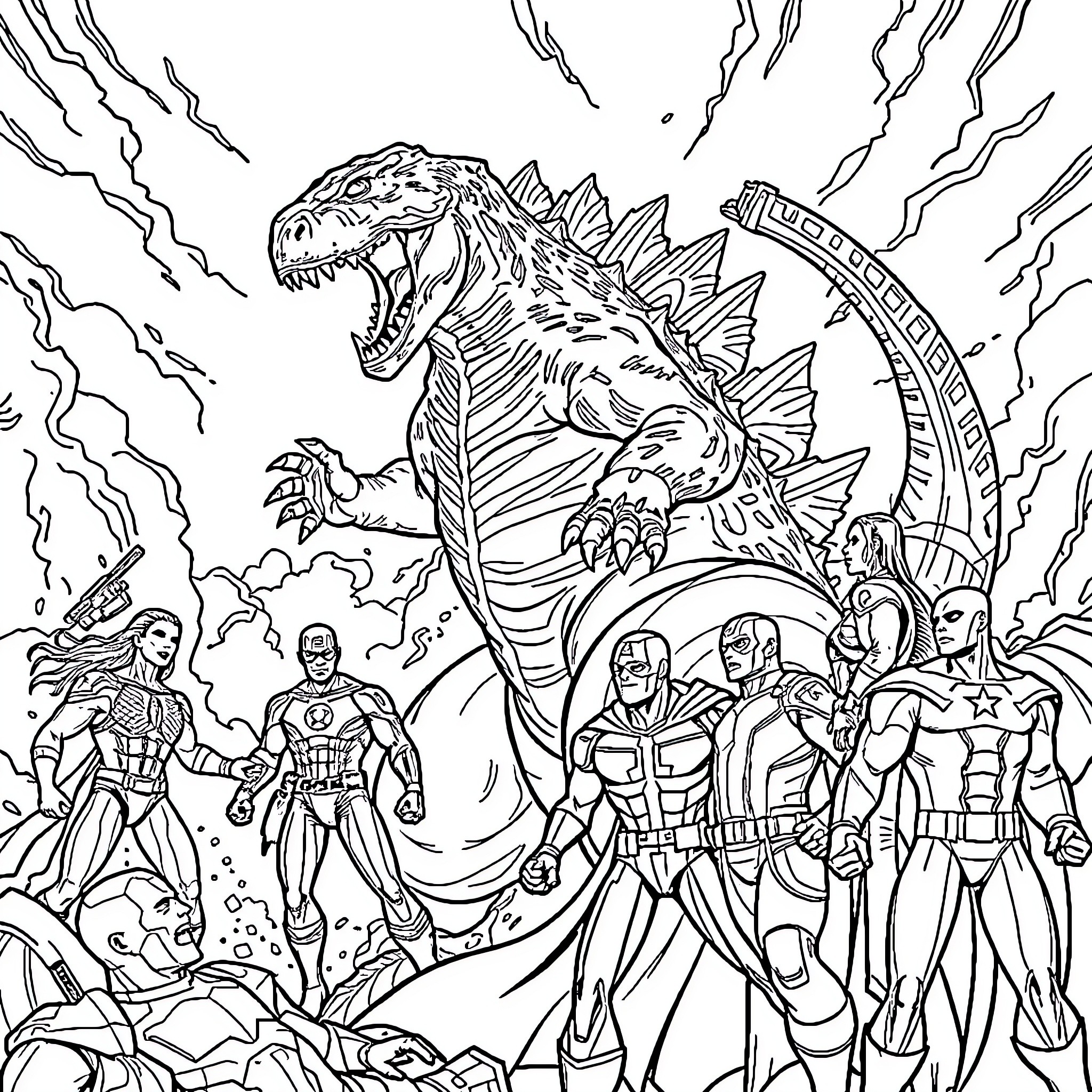 Godzilla confronted by superheroes in battle Coloring Page (free black-and-white line drawing printable PDF for all, from beginners to advanced learners, including children, teens, adults, and seniors)