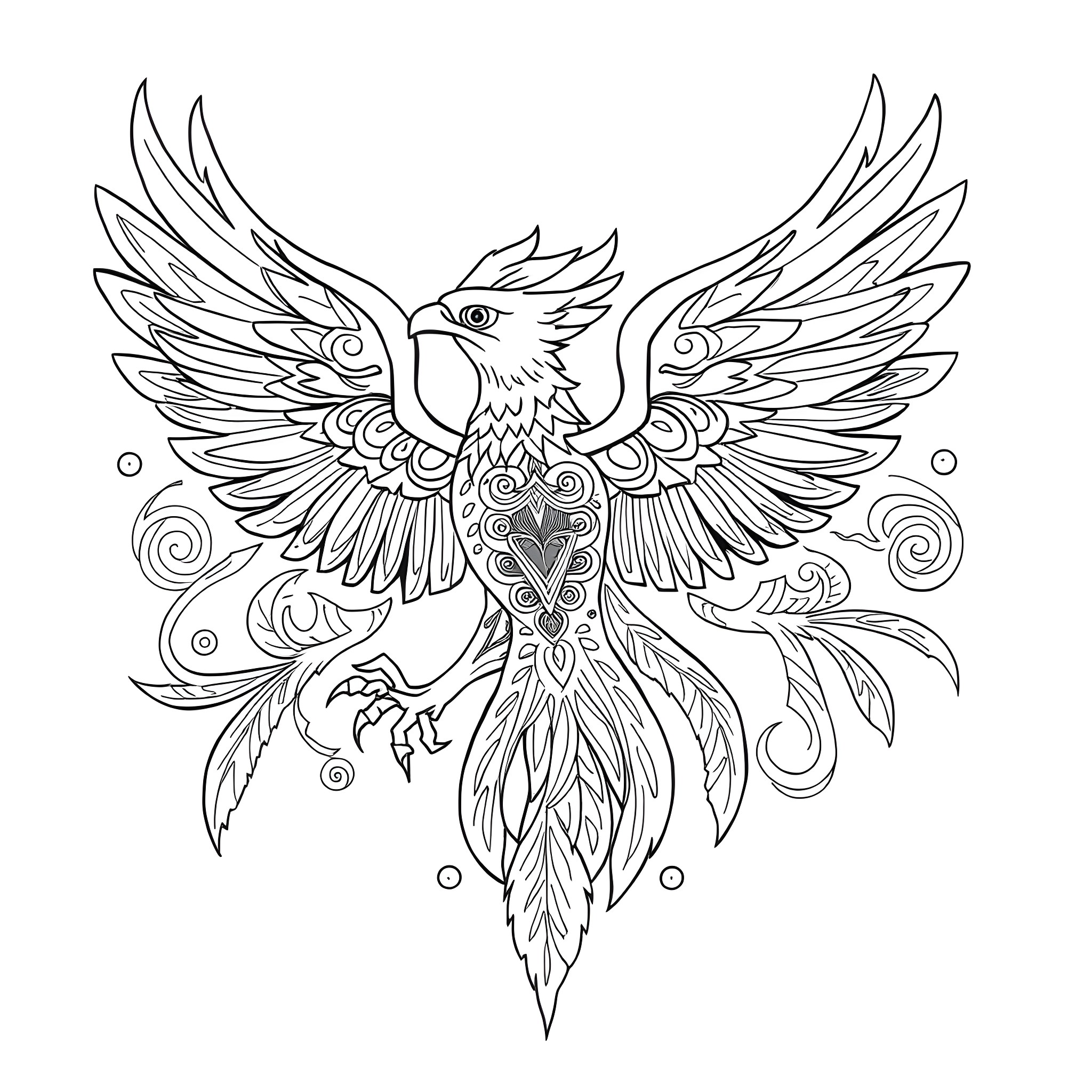 Thunderbird soaring with intricate feather patterns Coloring Page (free black-and-white line drawing printable PDF for all, from beginners to advanced learners, including children, teens, adults, and seniors)
